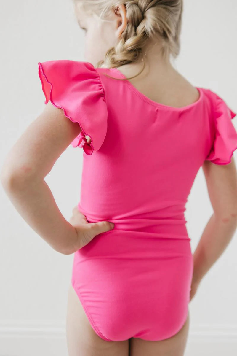 Hot Pink Flutter Sleeve Leotard