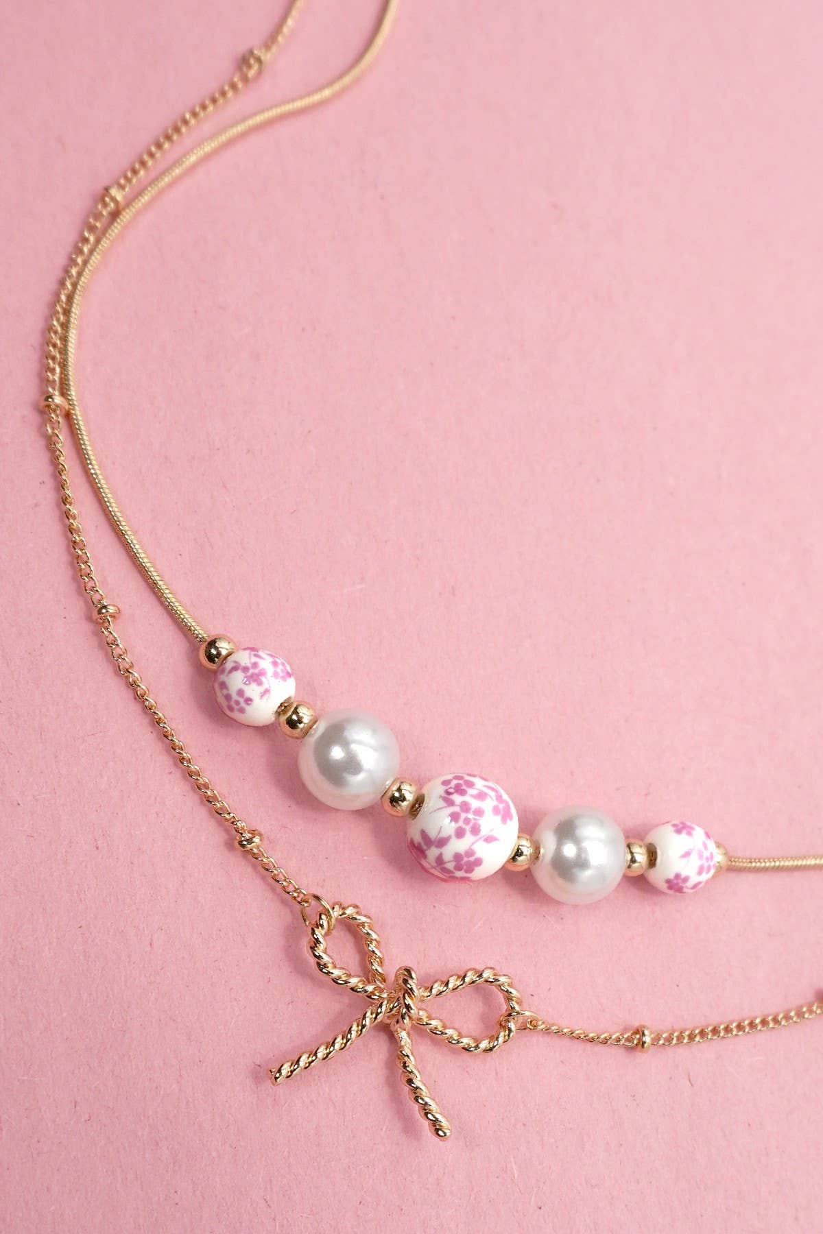 Pink Porcelain Pearl + Gold Bow Necklace