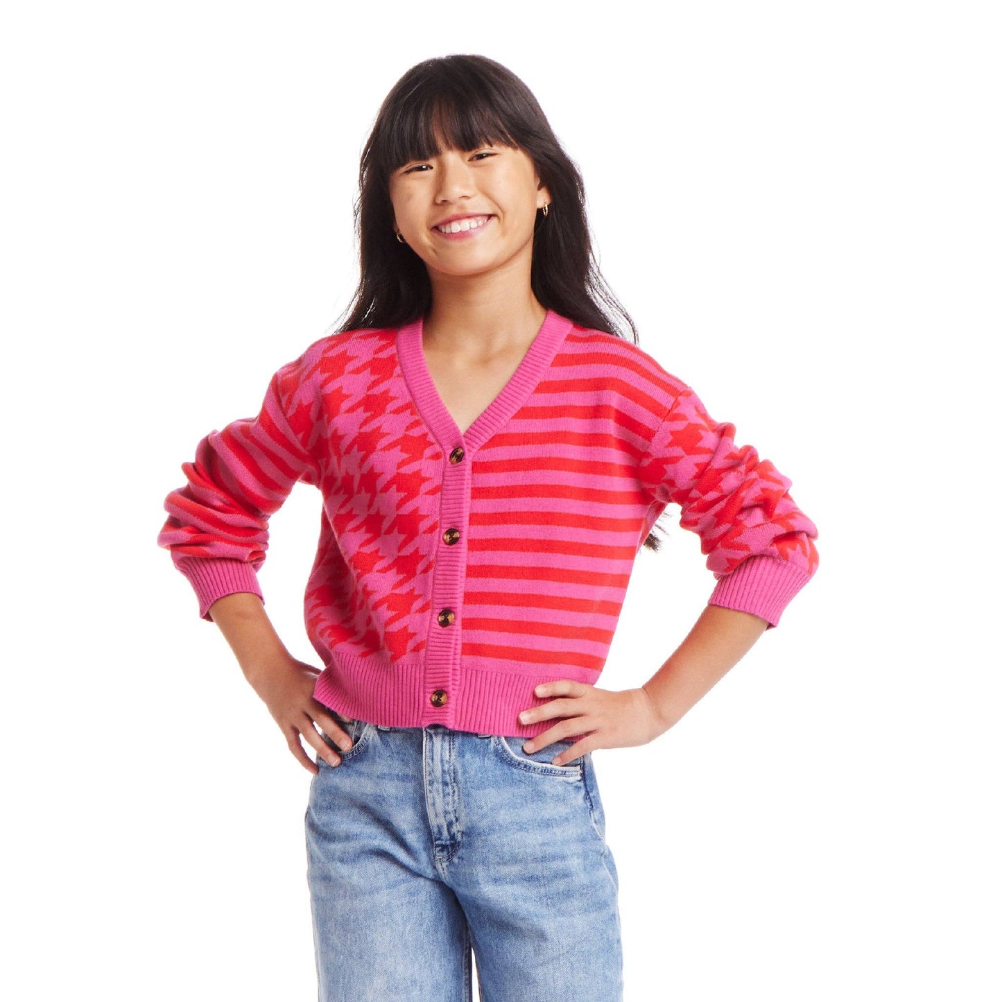 Houndstooth & Striped Cropped Cardigan