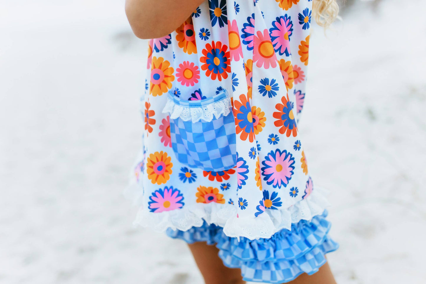 Blue Checkered Flower Power Shorts Set