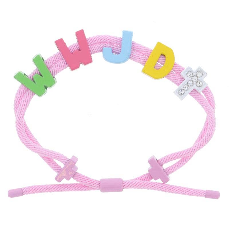 Kids Light Pink Cord & "WWJD" & White Cross Bracelet, Adj.