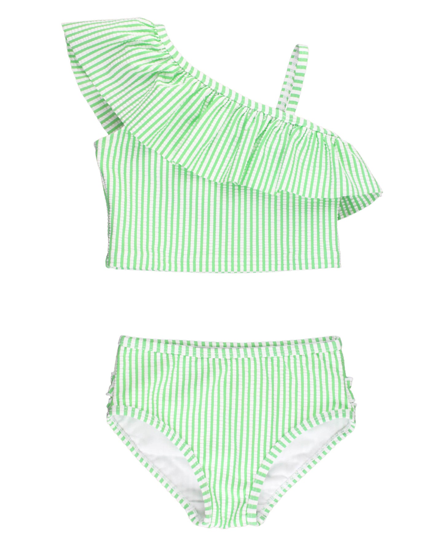 Spring Green Seersucker One Shoulder Ruffle Tankini