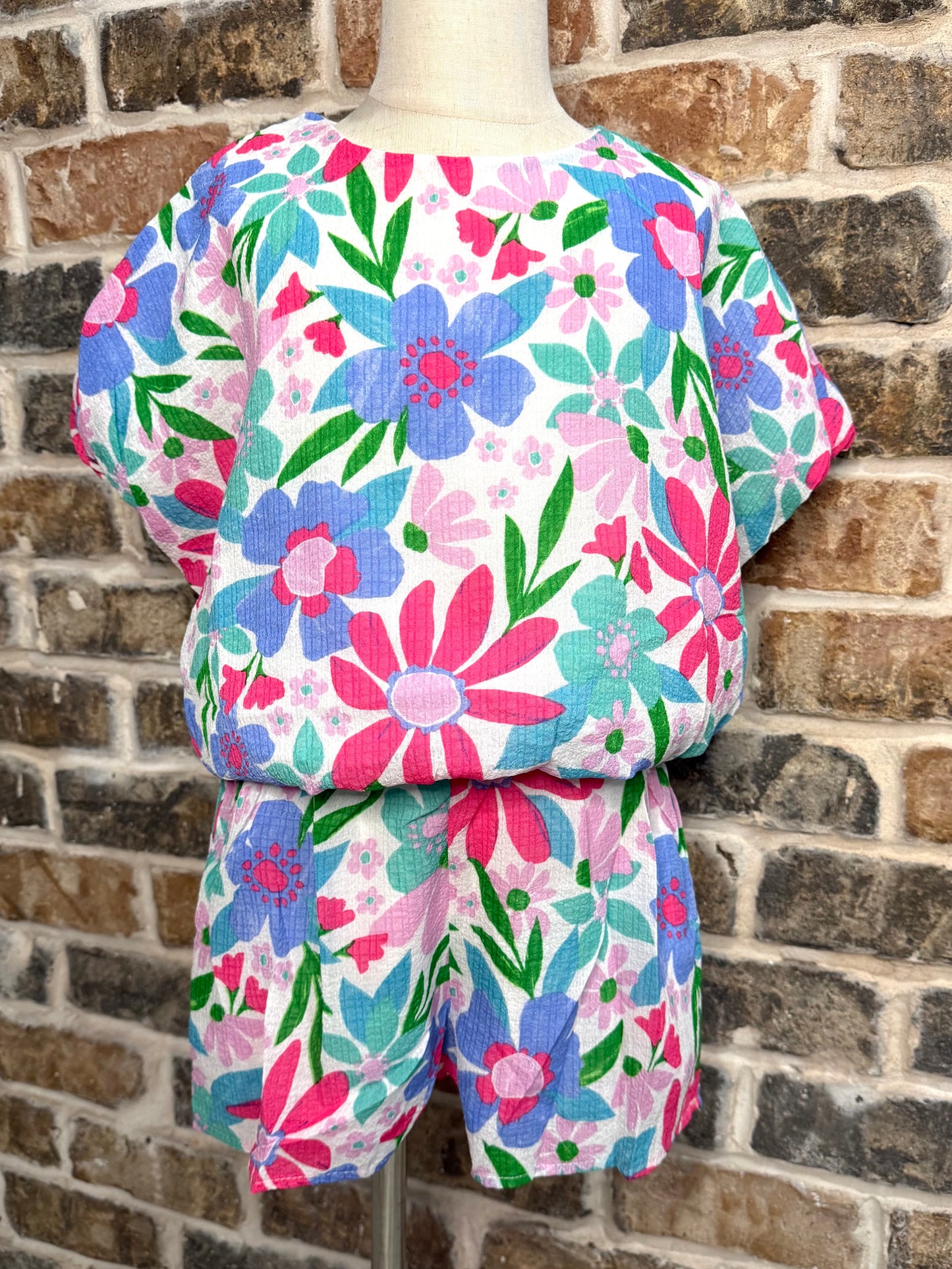 Floral Puff Sleeve Dolman Top + Smocked Shorts Set
