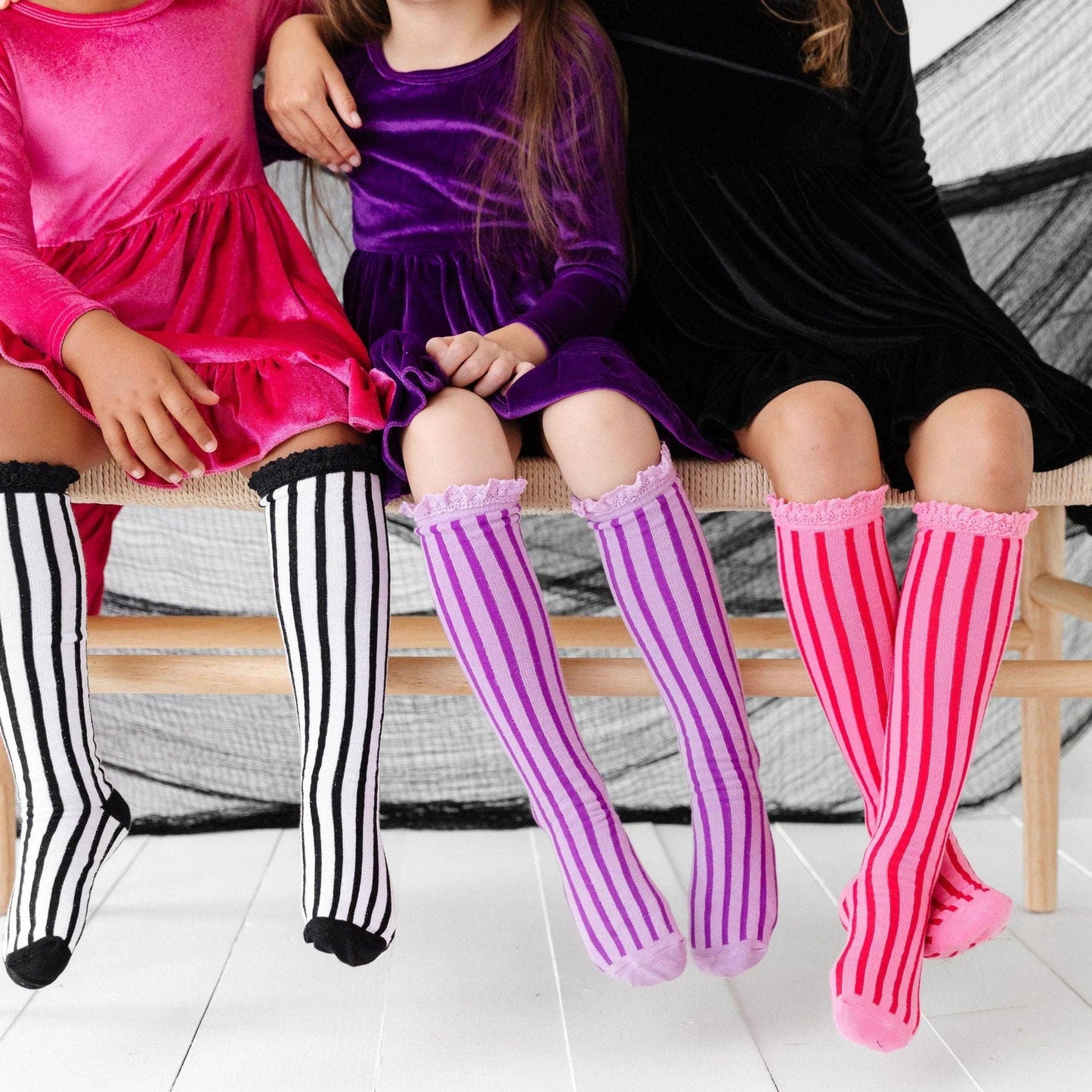 Wisteria Purple Vertical Striped Lace Top Knee High Socks