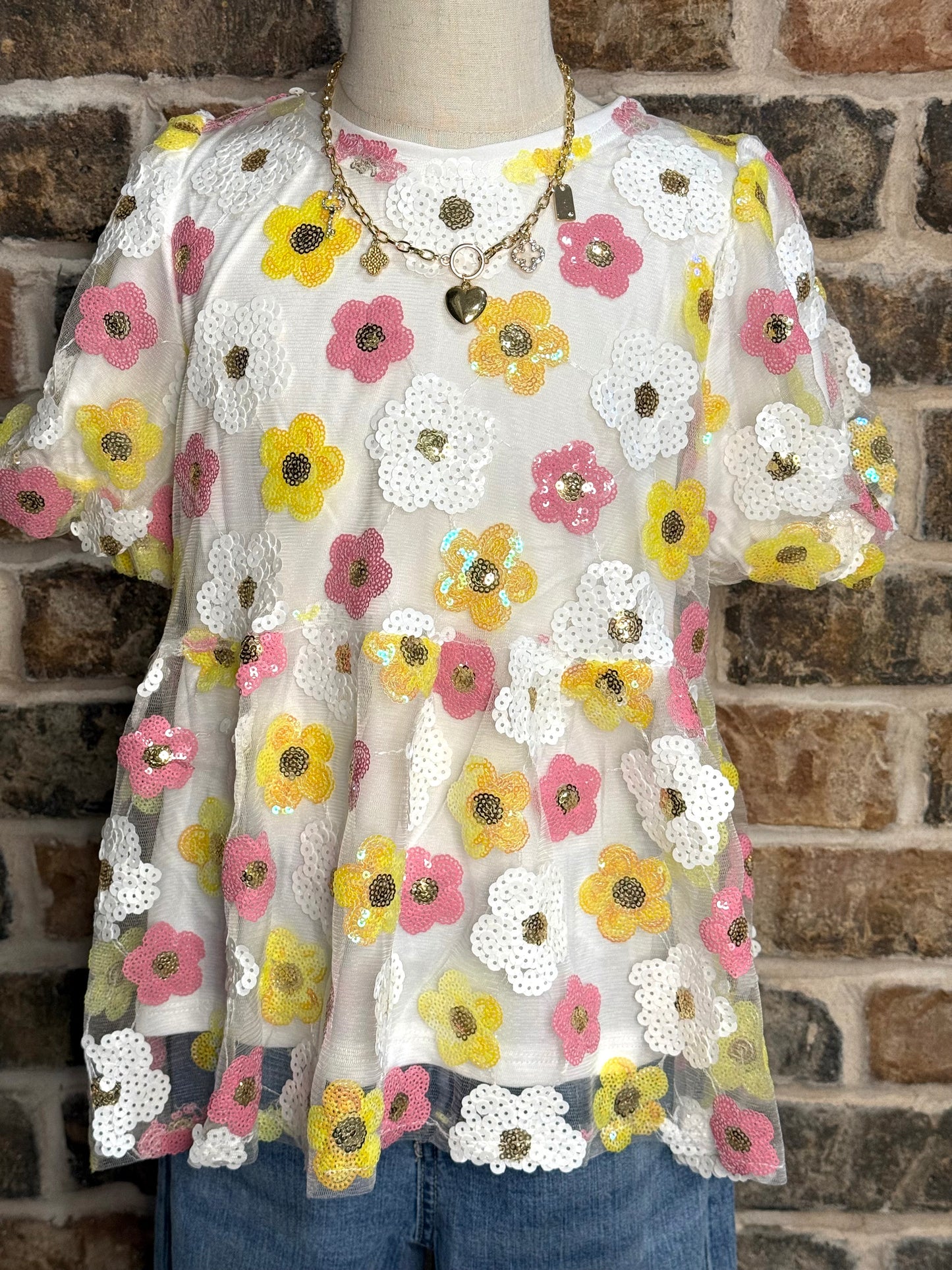 Floral Sequin Patch Mesh Peplum Top