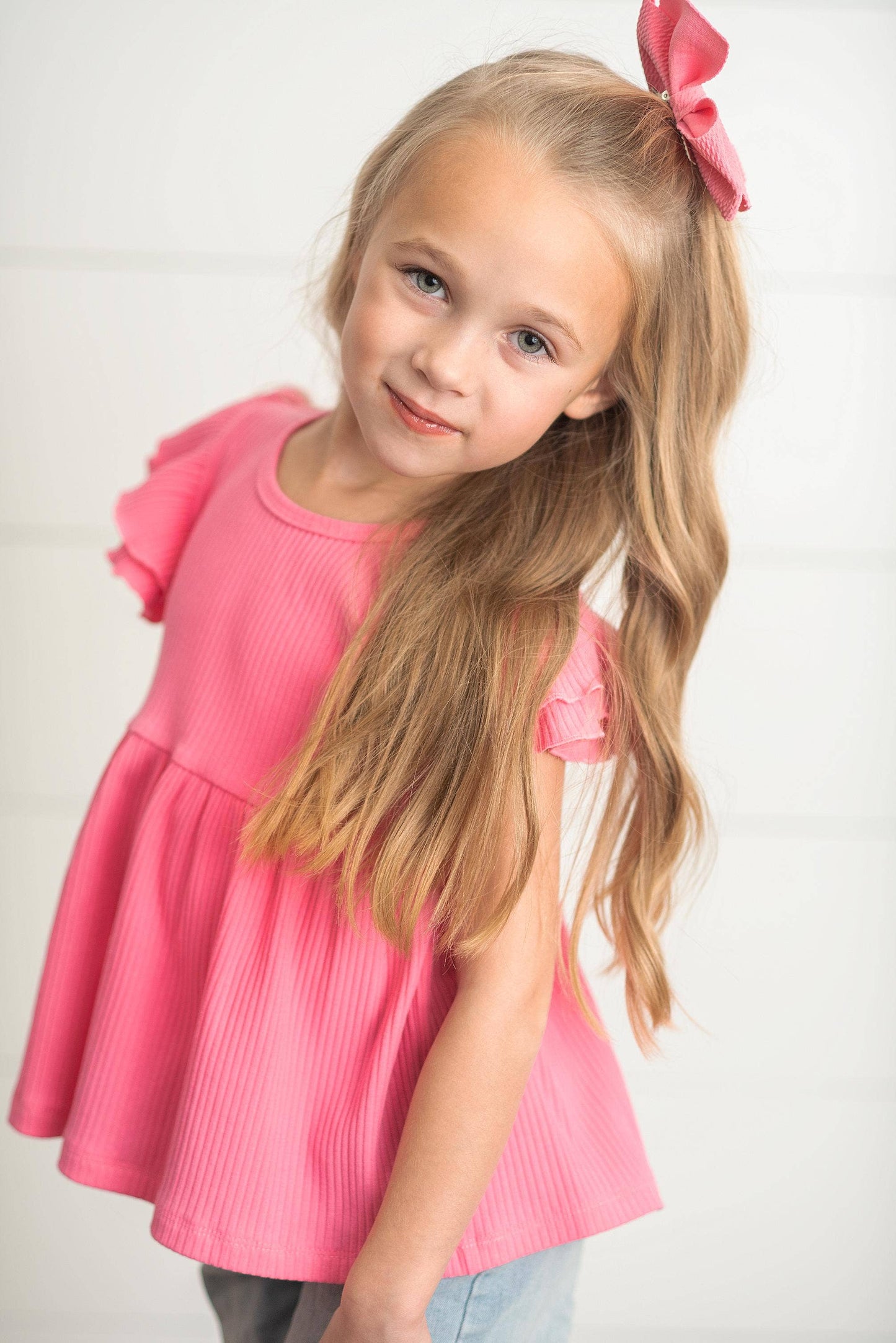 Bright Pink Double Ruffle Flutter Sleeve Top