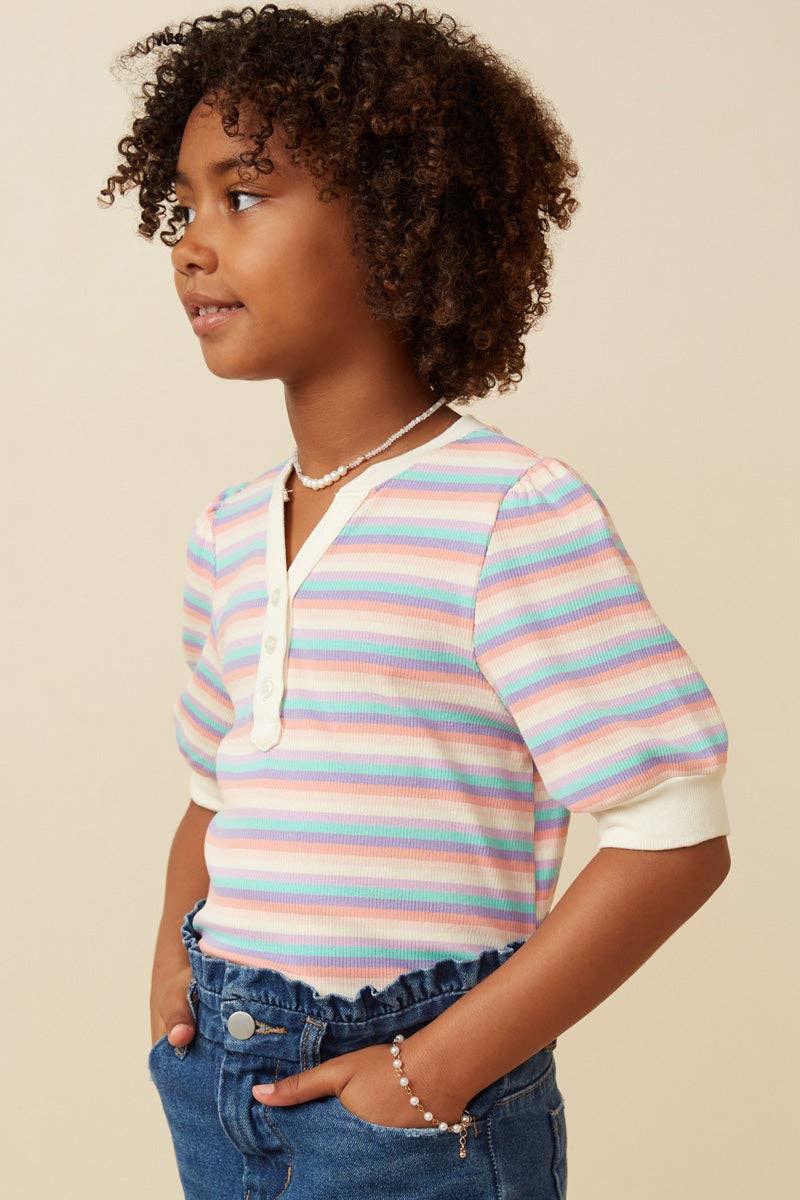 Button Detail Ribbed Knit Stripe Top