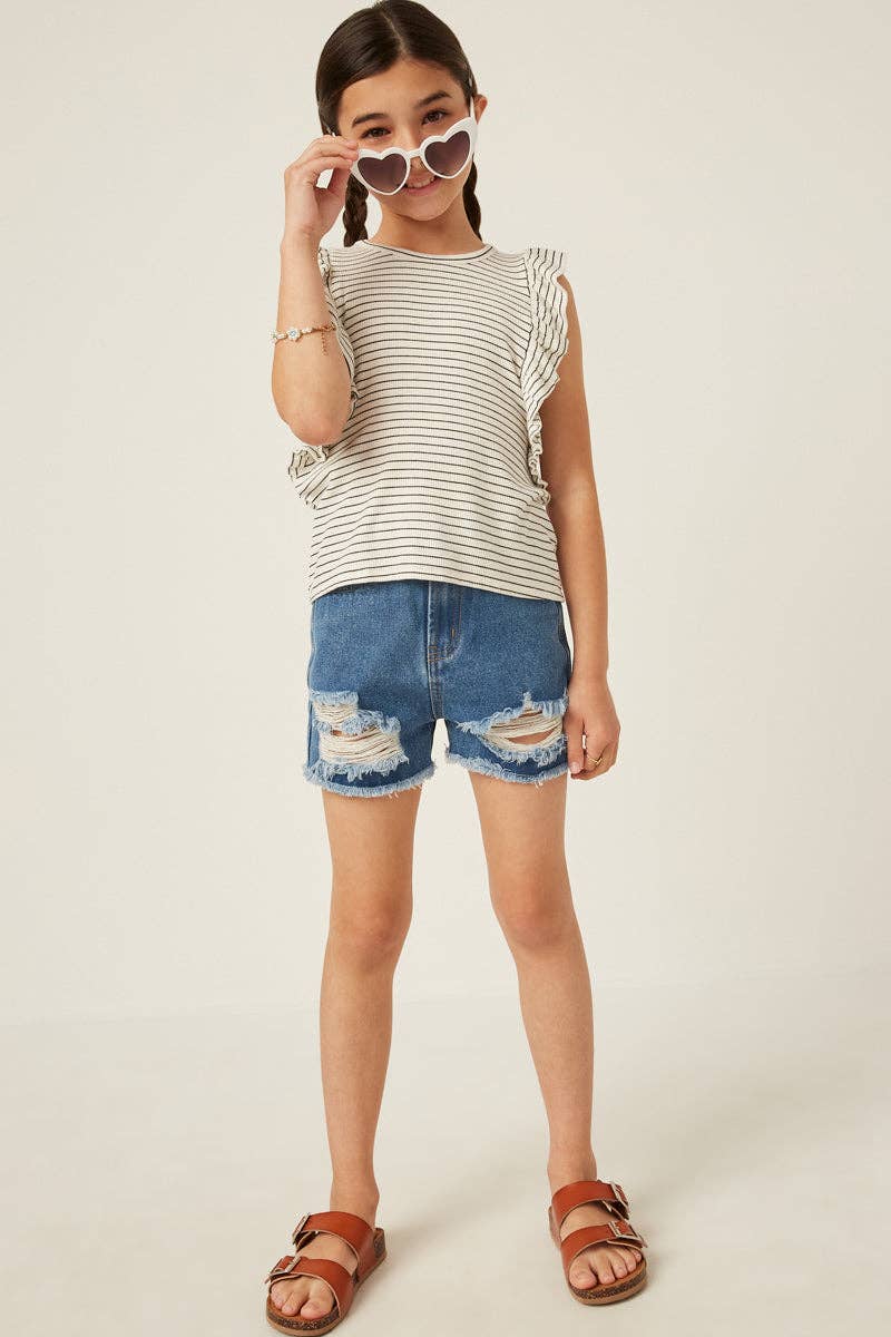 Ribbed Stripe Ruffled Tank