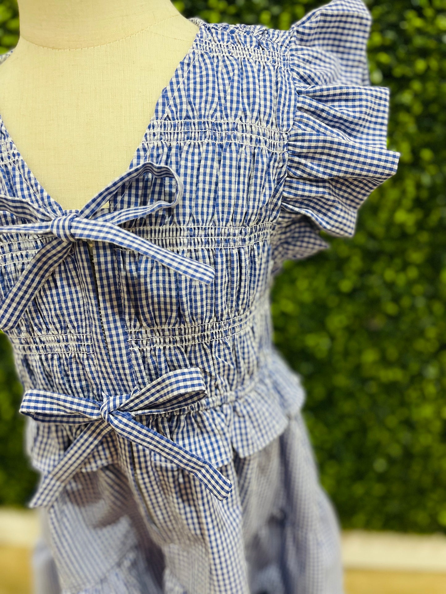 Gingham Ruffle Lace Trim Dress | Royal Blue