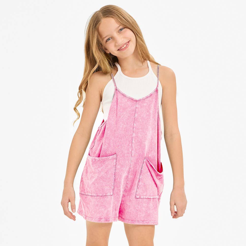 Pink Pocket Mineral Wash Overall Romper