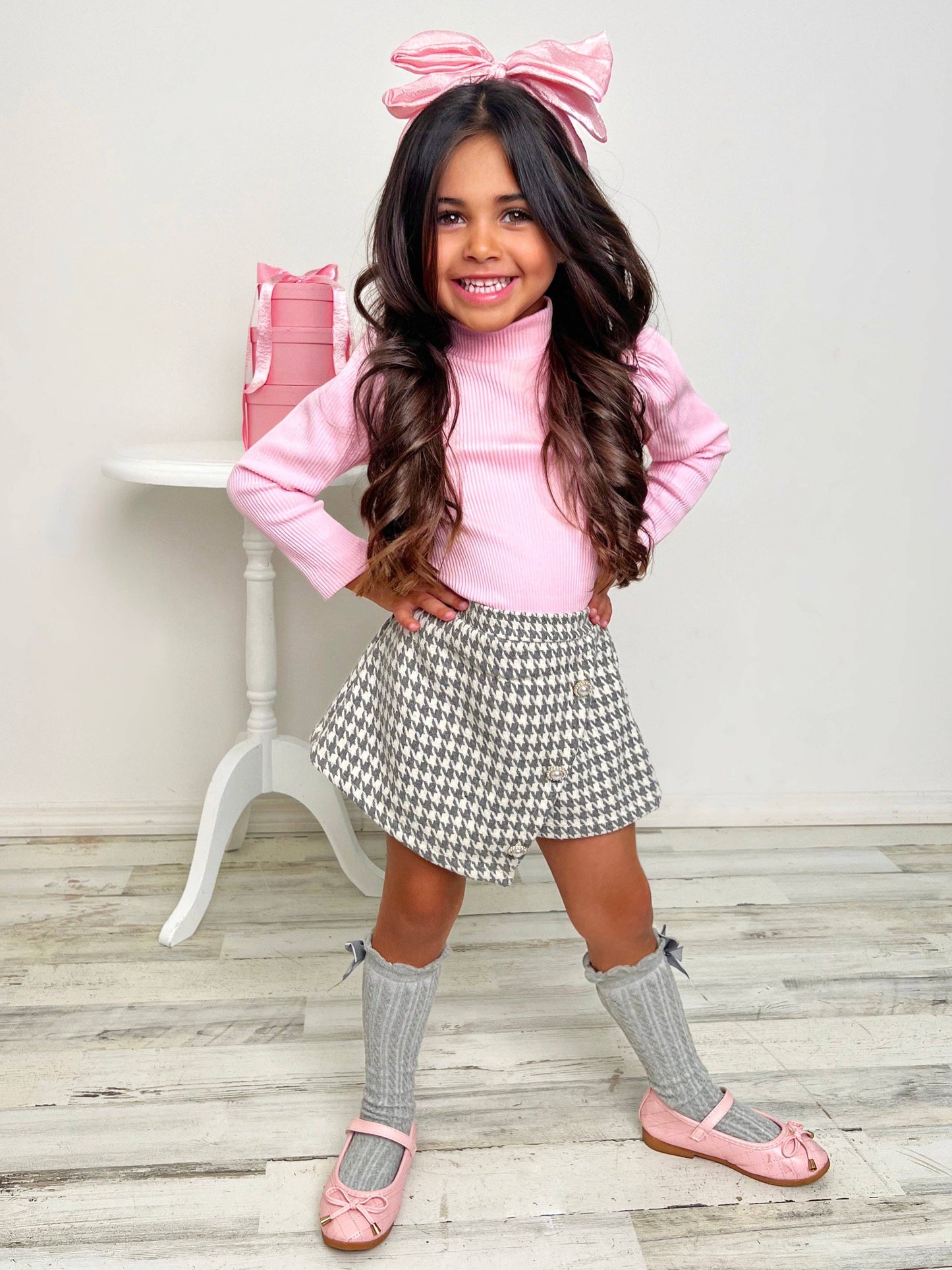 Pink Turtleneck Top + Houndstooth Skort Set