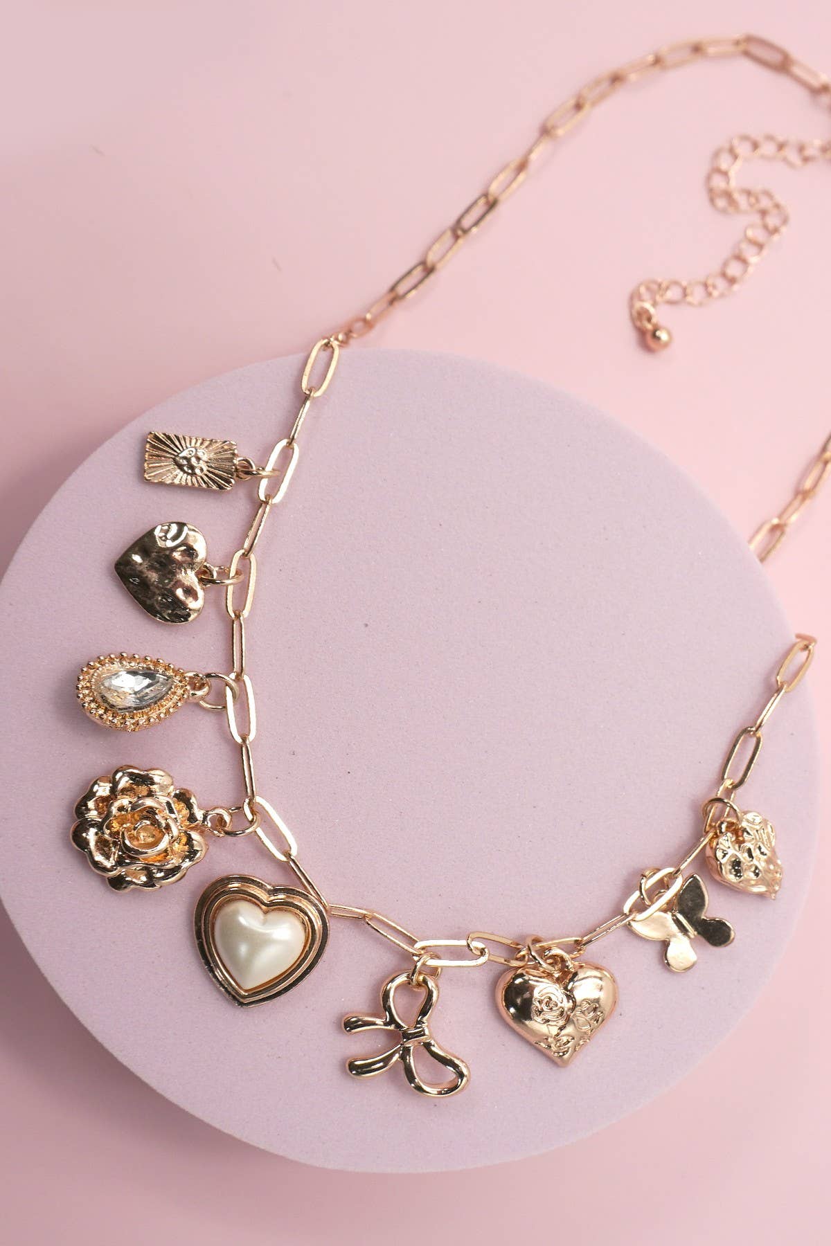 Bow + Flower + Heart Gold Charm Necklace