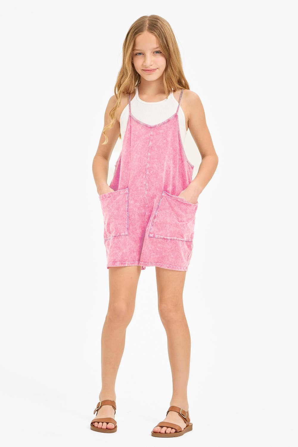 Pink Pocket Mineral Wash Overall Romper