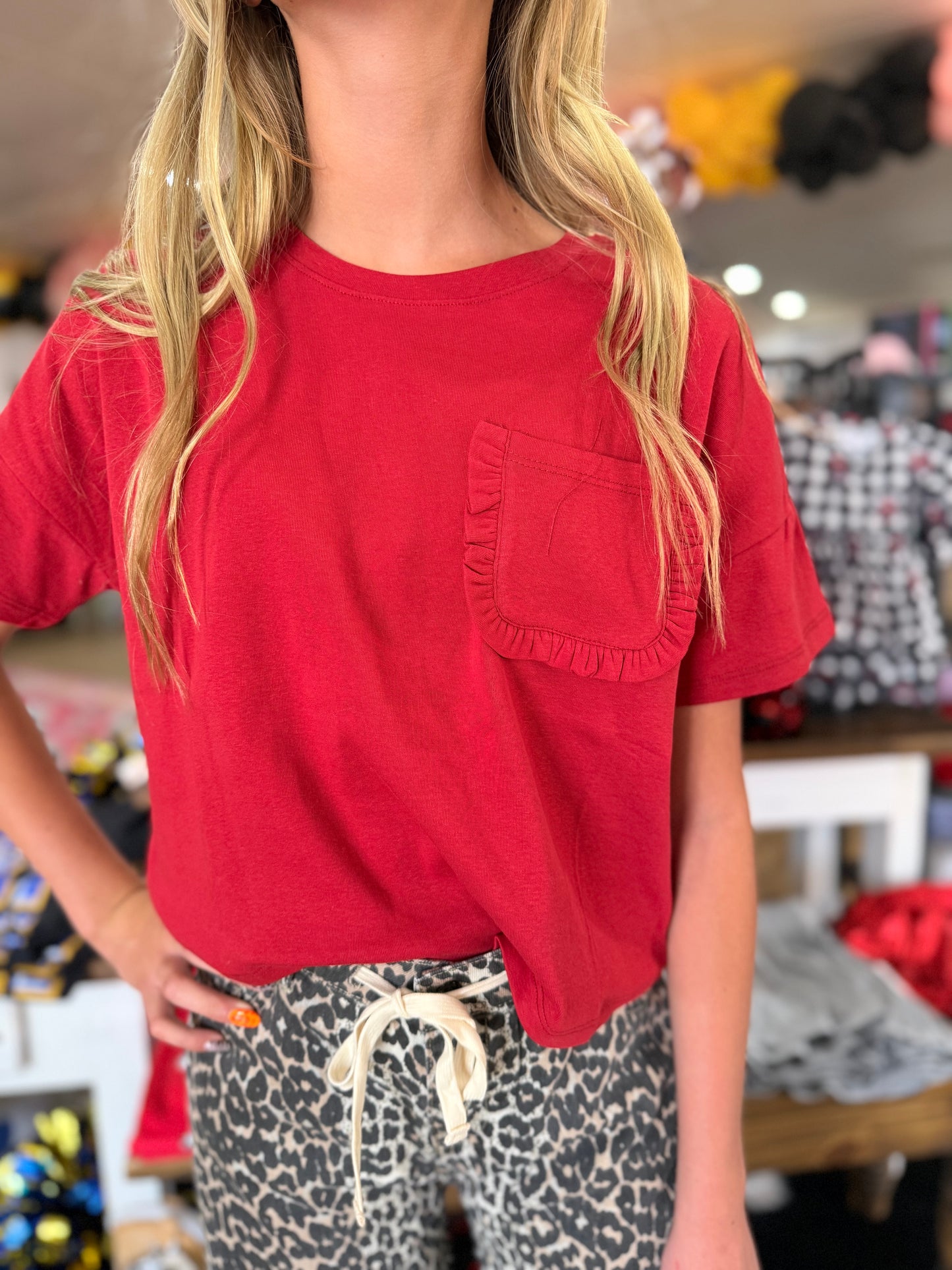 Ruffle Pocket Knit Tee | Red