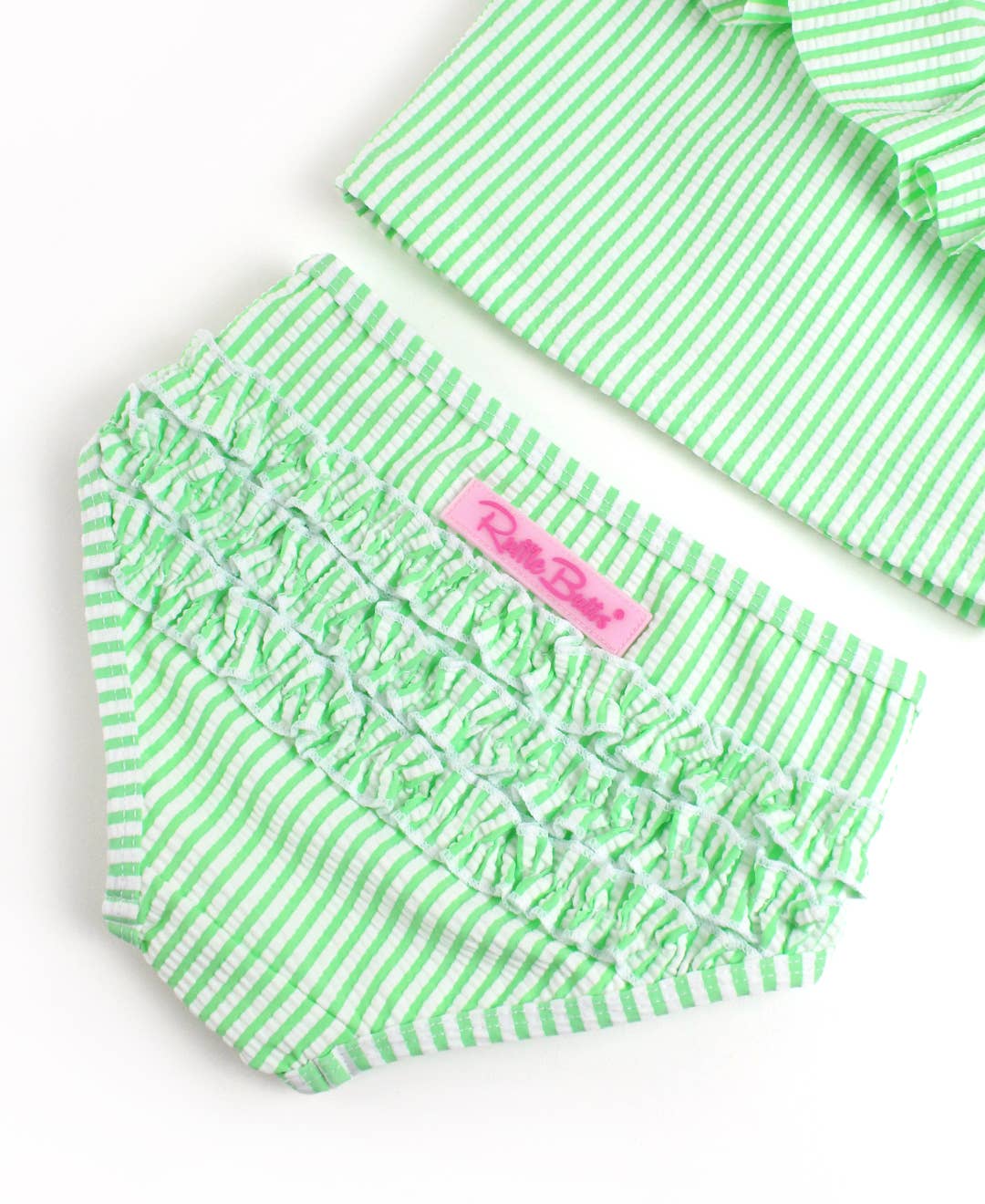 Spring Green Seersucker One Shoulder Ruffle Tankini
