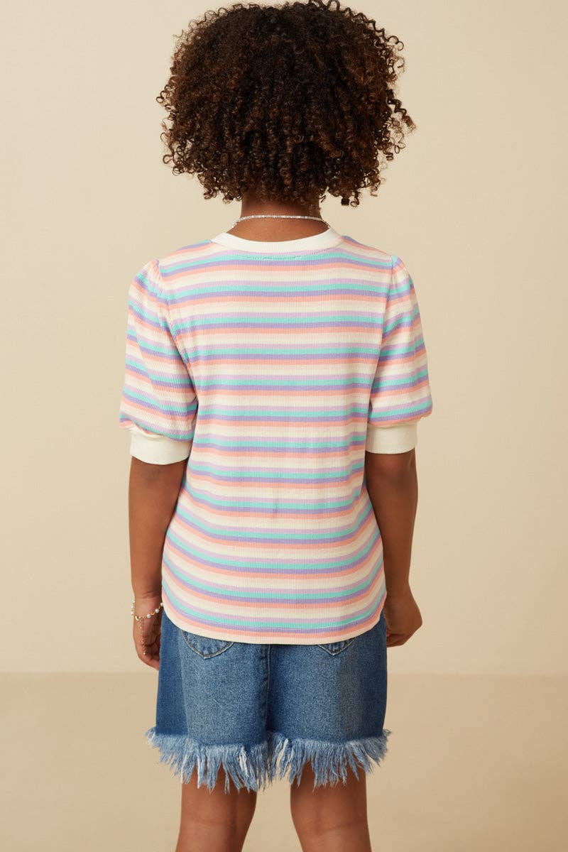 Button Detail Ribbed Knit Stripe Top