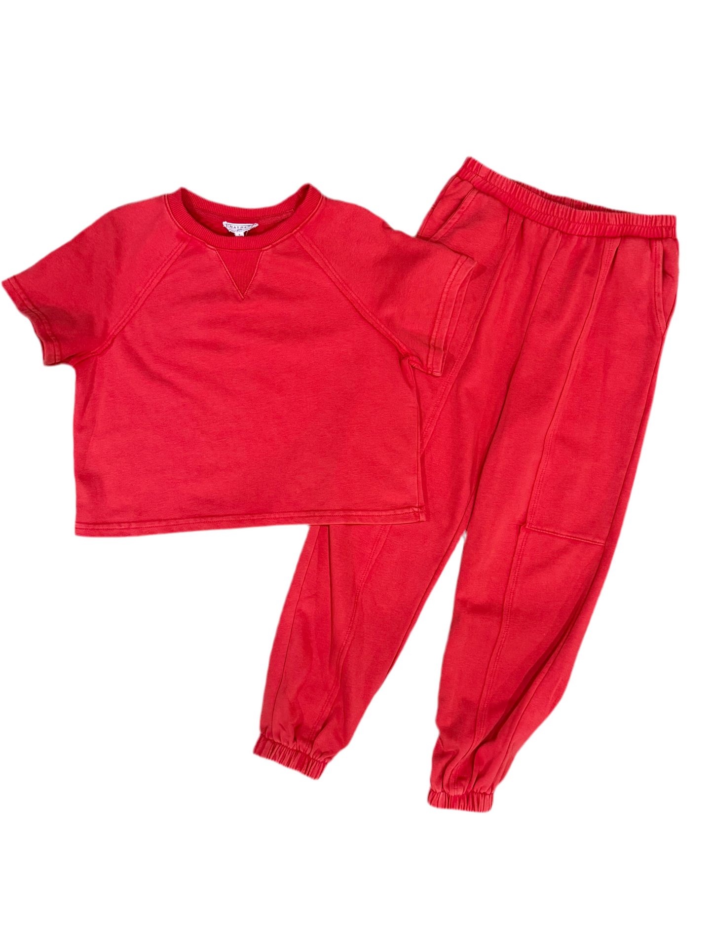 Washed Knit Sweatshirt + Paneled Joggers Set | Red