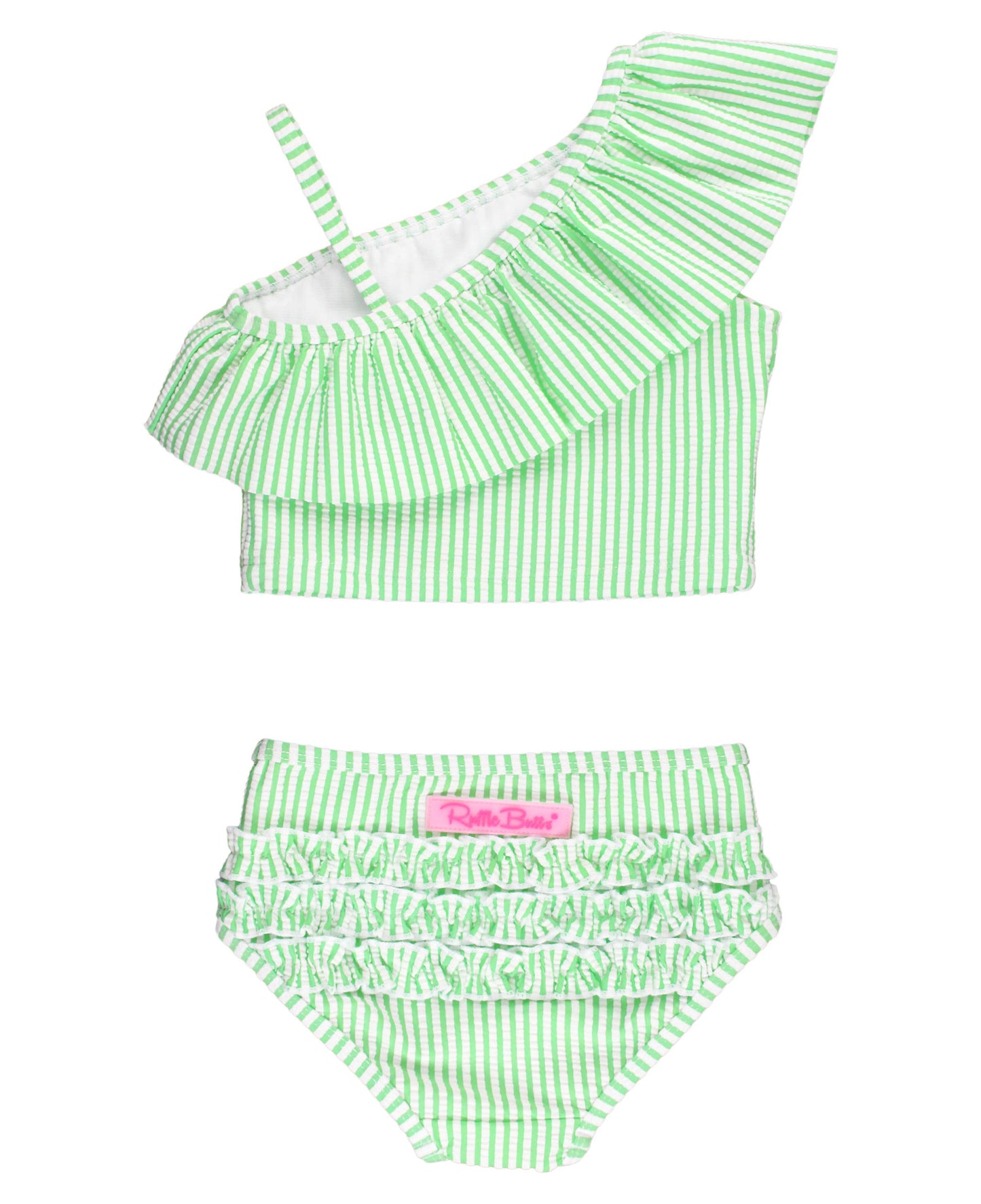 Spring Green Seersucker One Shoulder Ruffle Tankini
