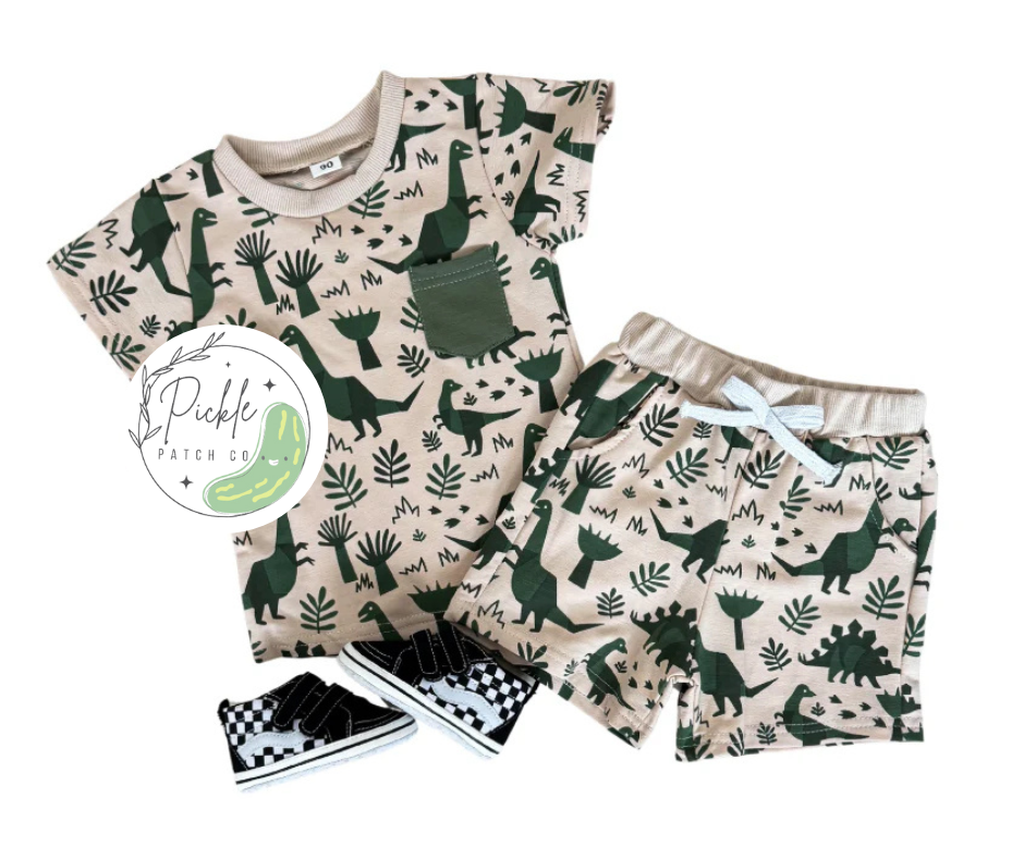 Muted Dinosaur Shorts Set
