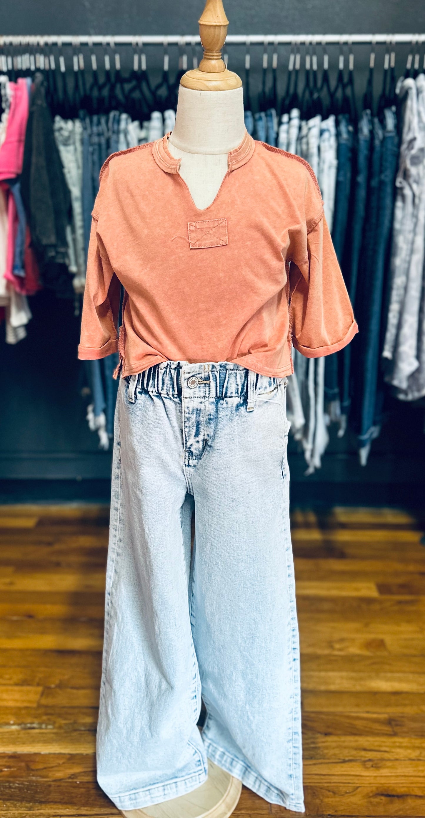 Washed Coral Knit Seam Detail Top