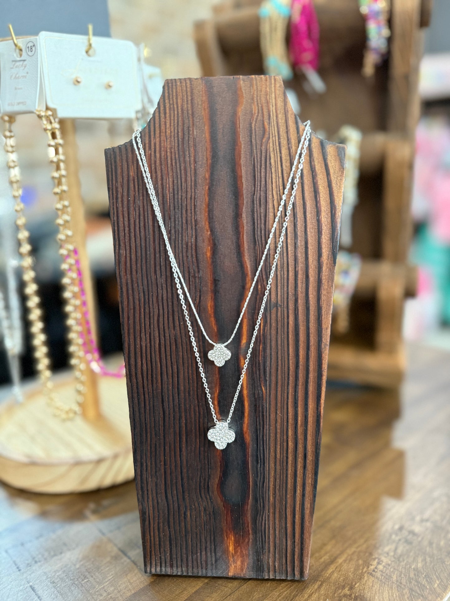 Dainty Rhinestone Double Clover Necklace + Diamond Studs