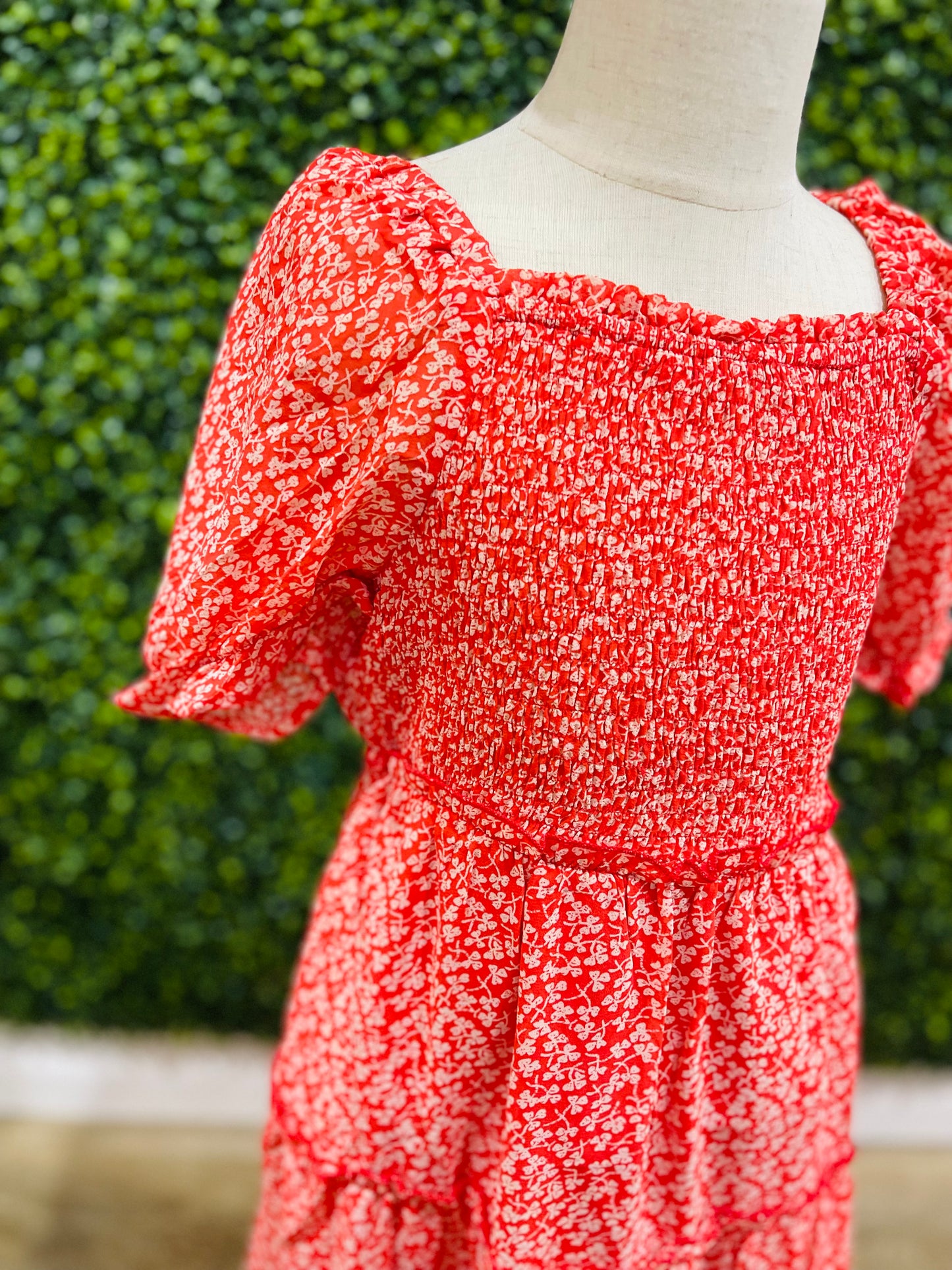 Ditsy Floral Square Neck Smocked Puff Sleeve Dress | Red