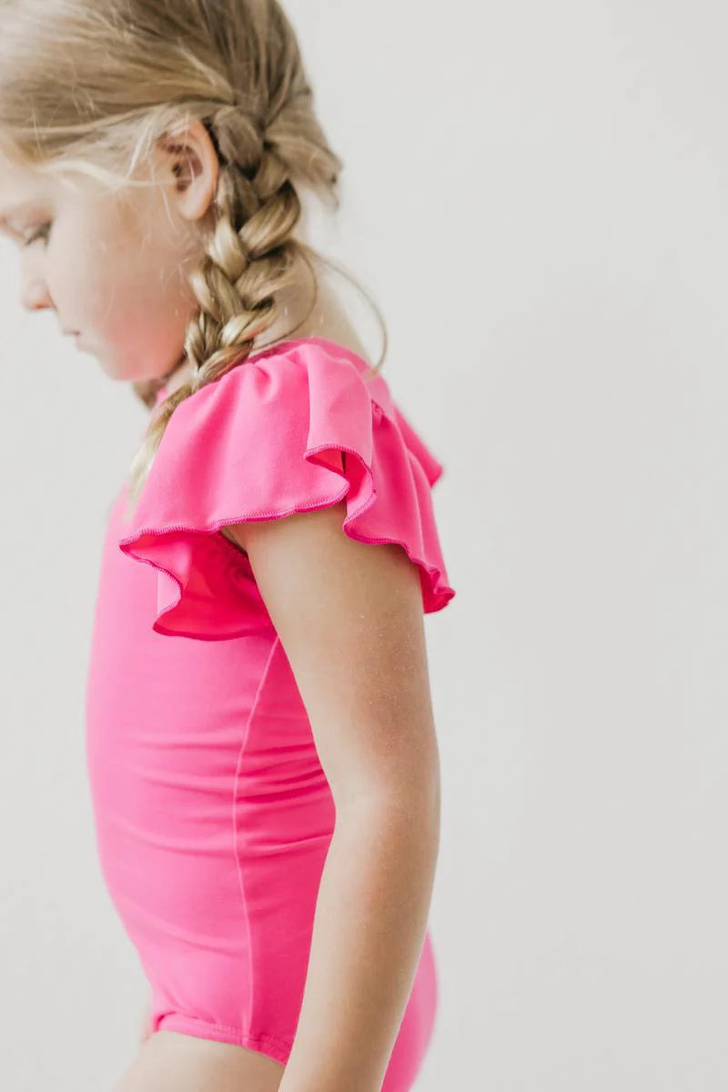 Hot Pink Flutter Sleeve Leotard