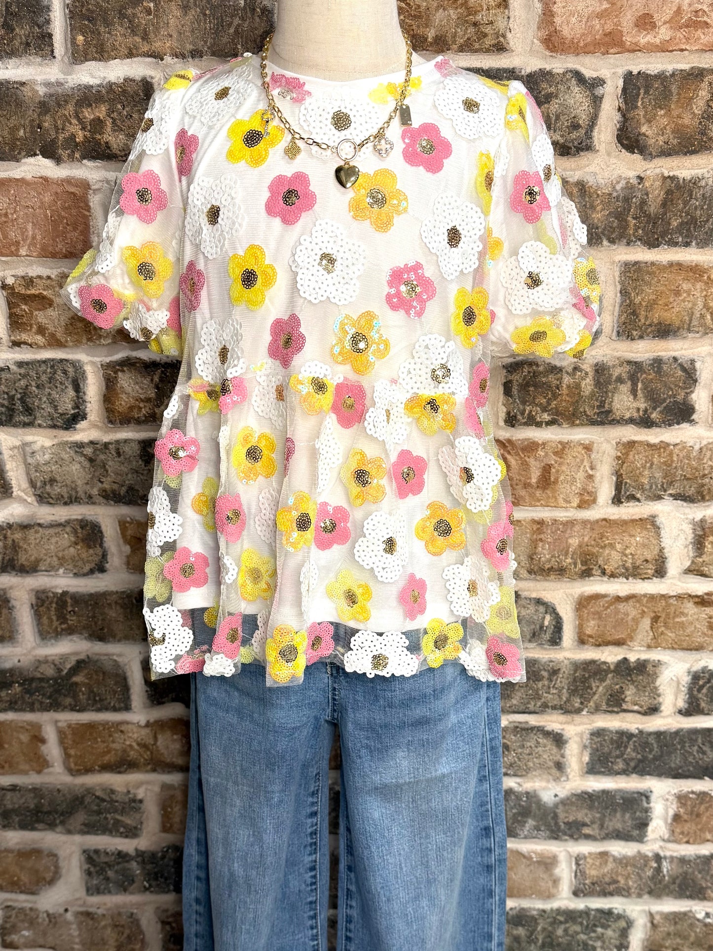 Floral Sequin Patch Mesh Peplum Top