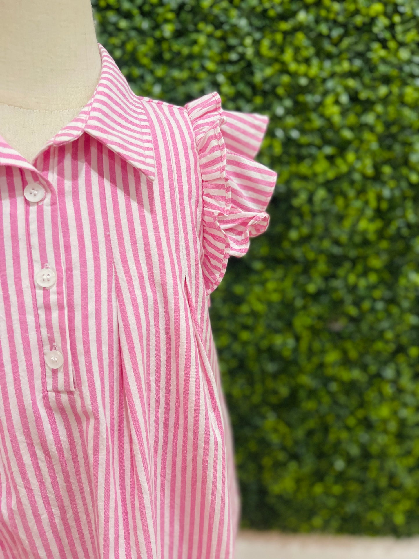 Button Collared Pleated Pinstripe Dress | Pink