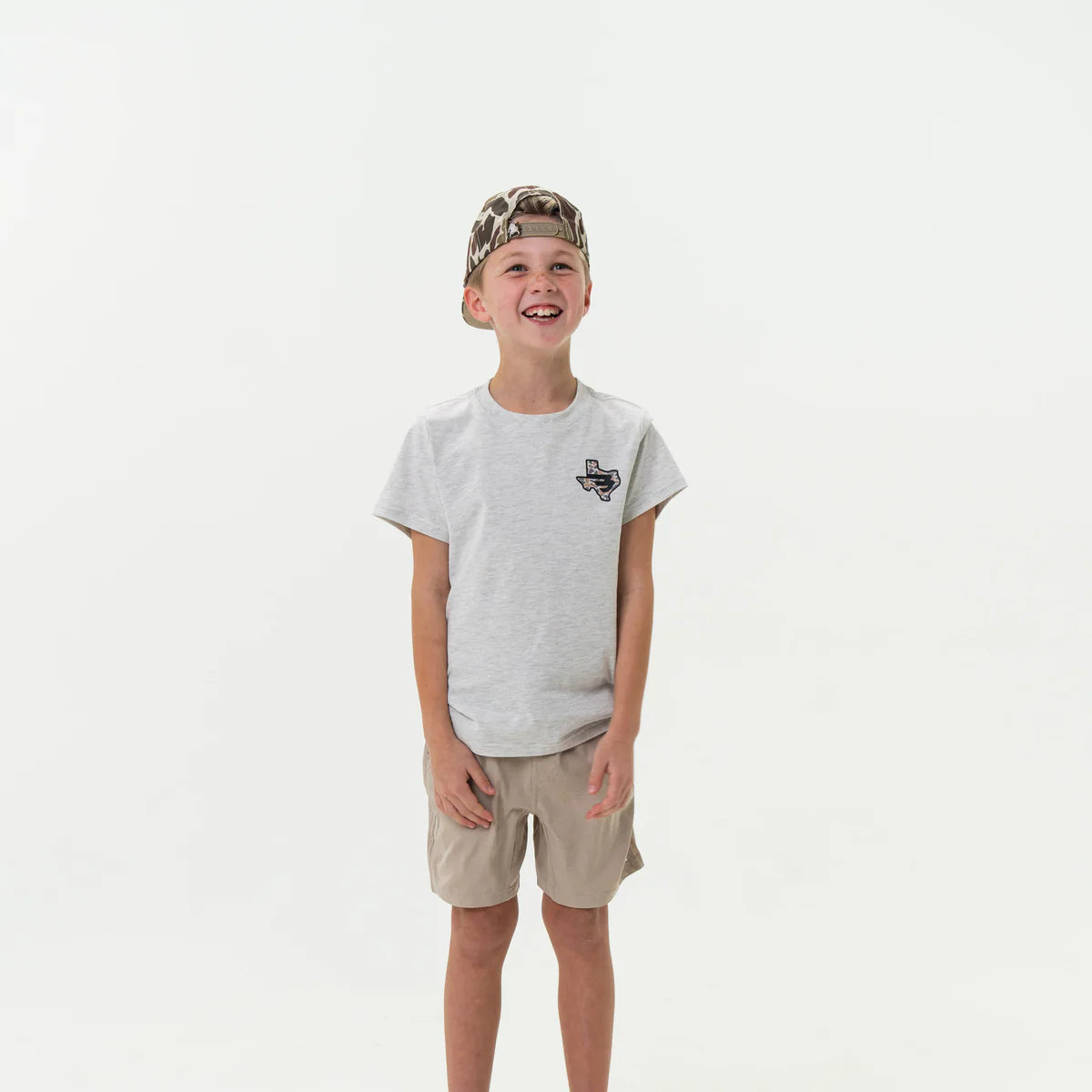 Youth Tee | Texas Camo Flying B | Heather Ash Grey