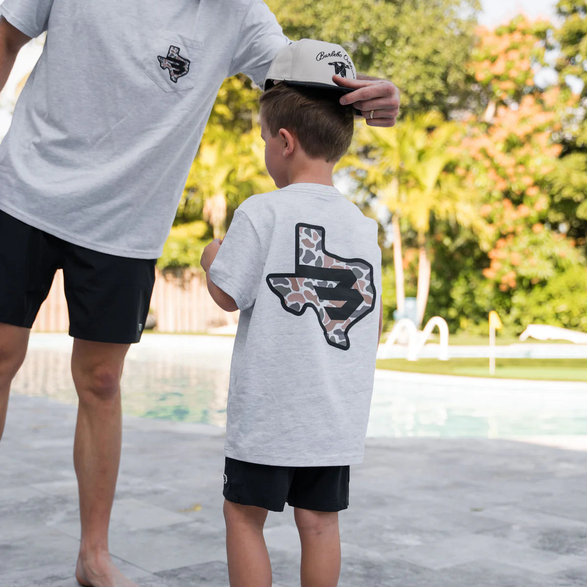 Youth Tee | Texas Camo Flying B | Heather Ash Grey