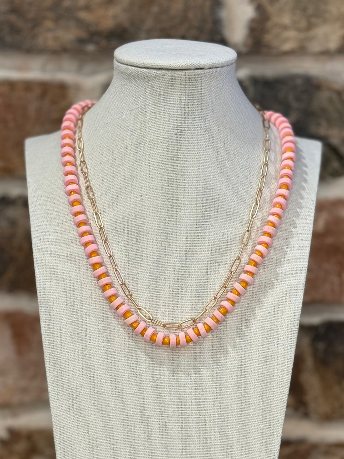 Pink & Orange Bead Necklace with Gold Chain + Studs
