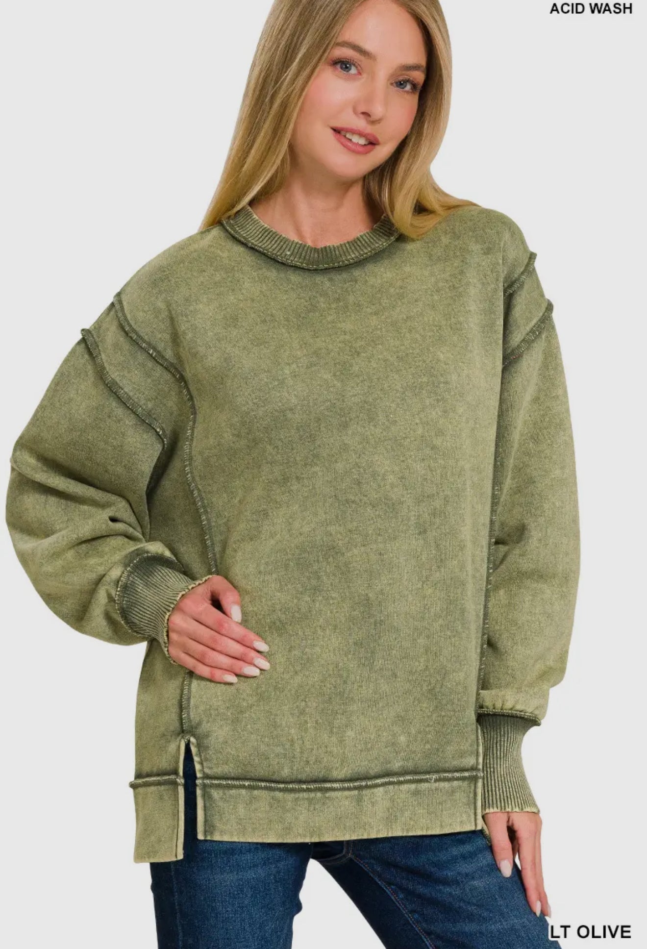 Acid Wash Exposed Seam Fleece Sweatshirt | Olive