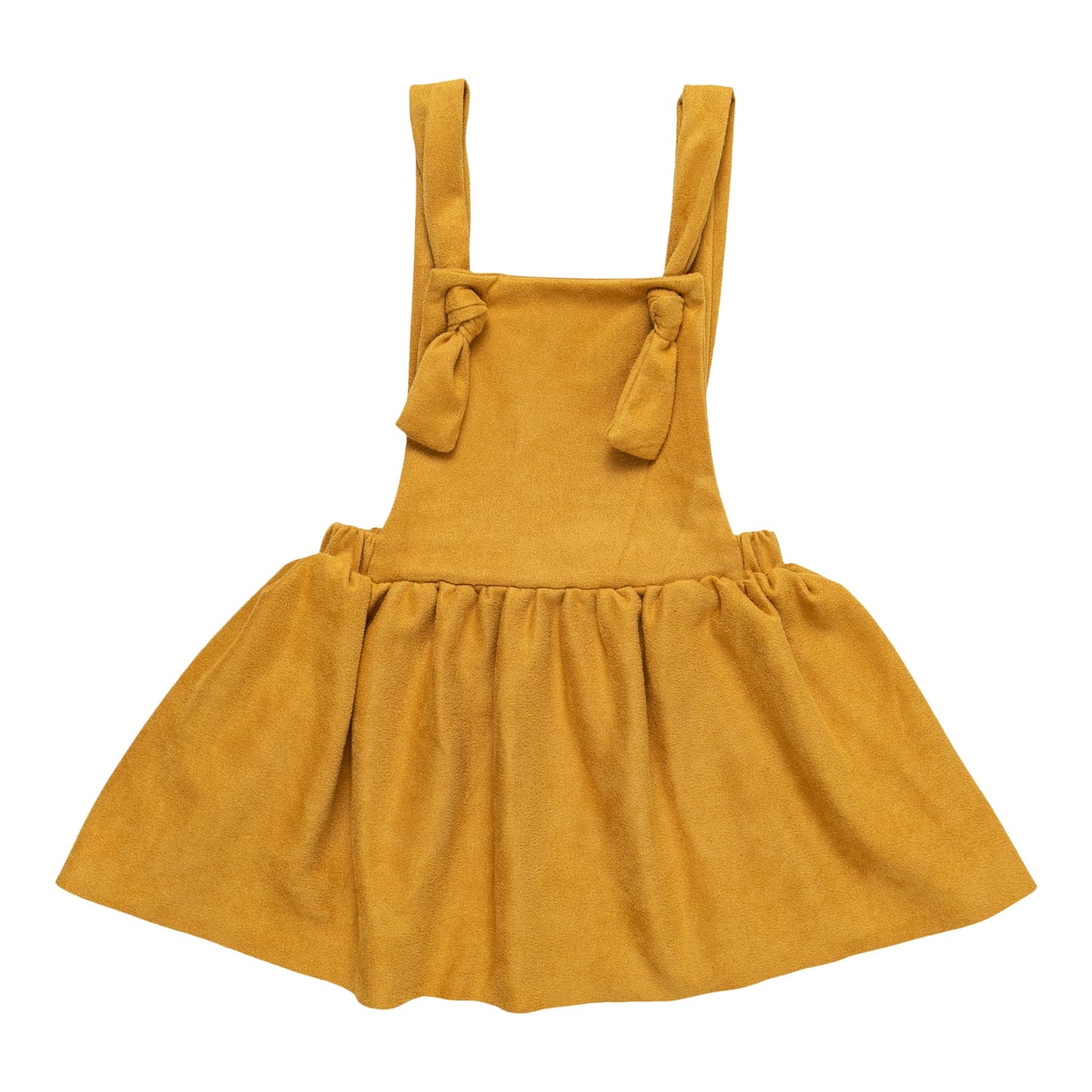 Mustard Faux Suede Pinafore /w Black & White Striped LS Ruffle Tee