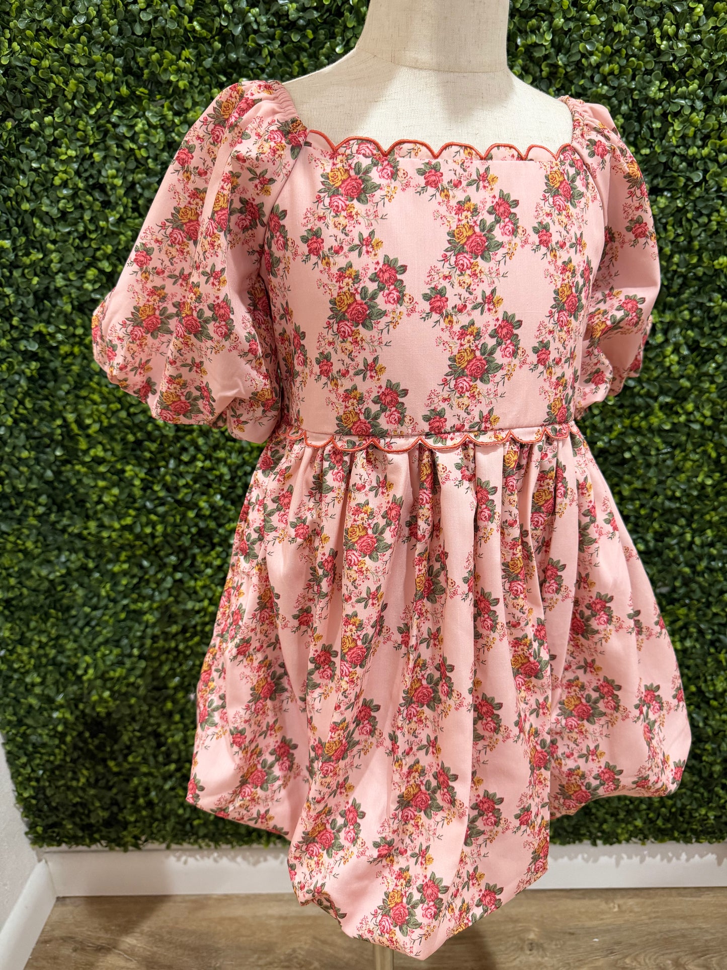 Floral Printed Poplin Scallop Bubble Hem Dress | Orange Coral