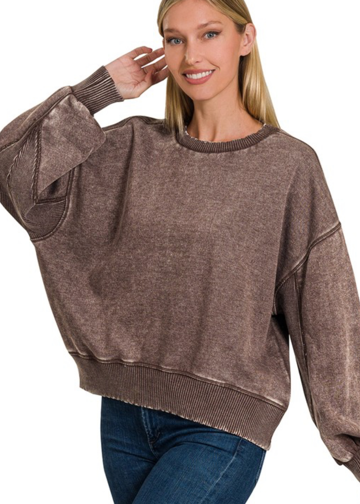 Acid Wash Oversized Fleece Pullover: Brown