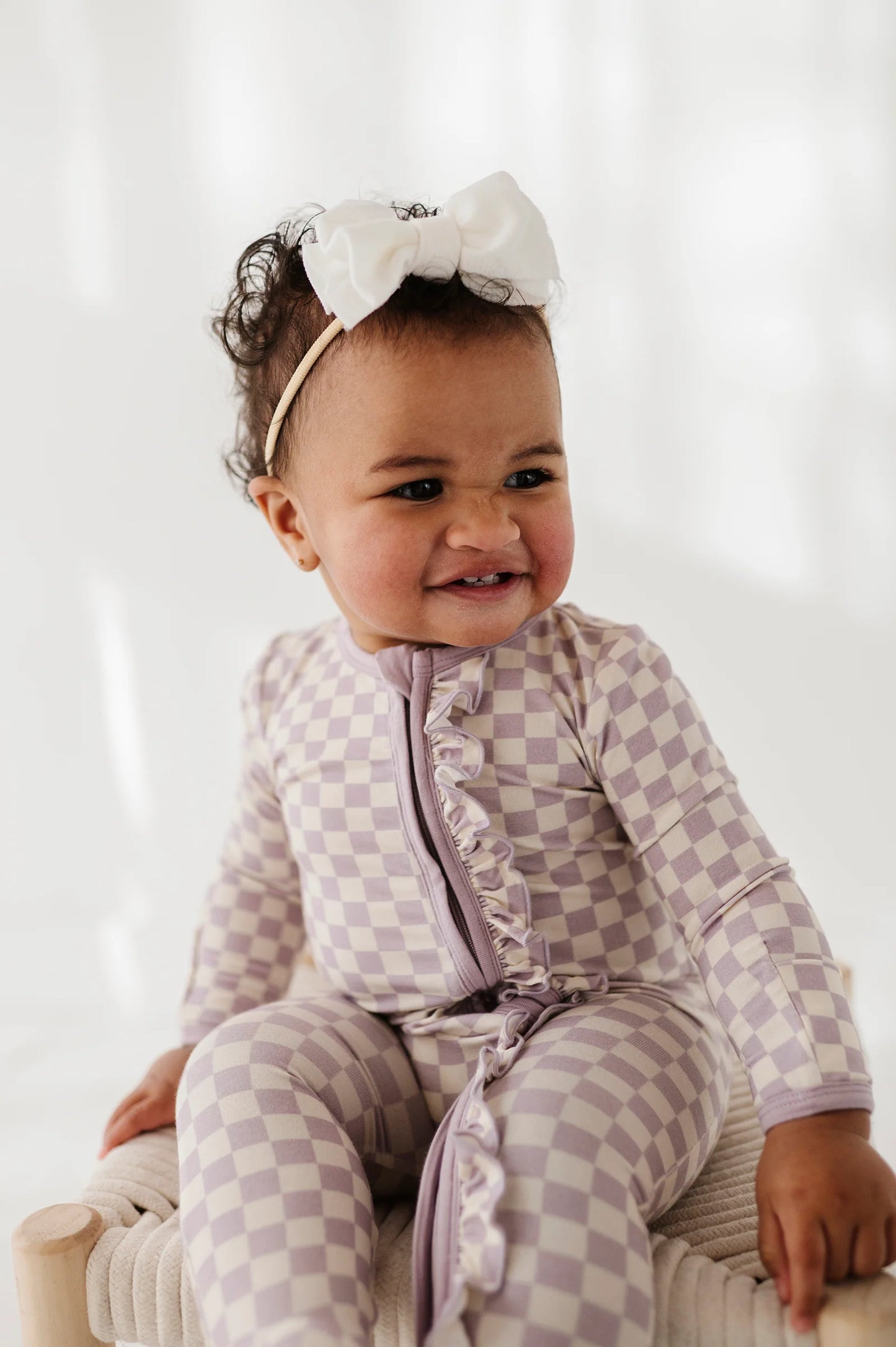 Lavender Cloud Checkered Footie Romper