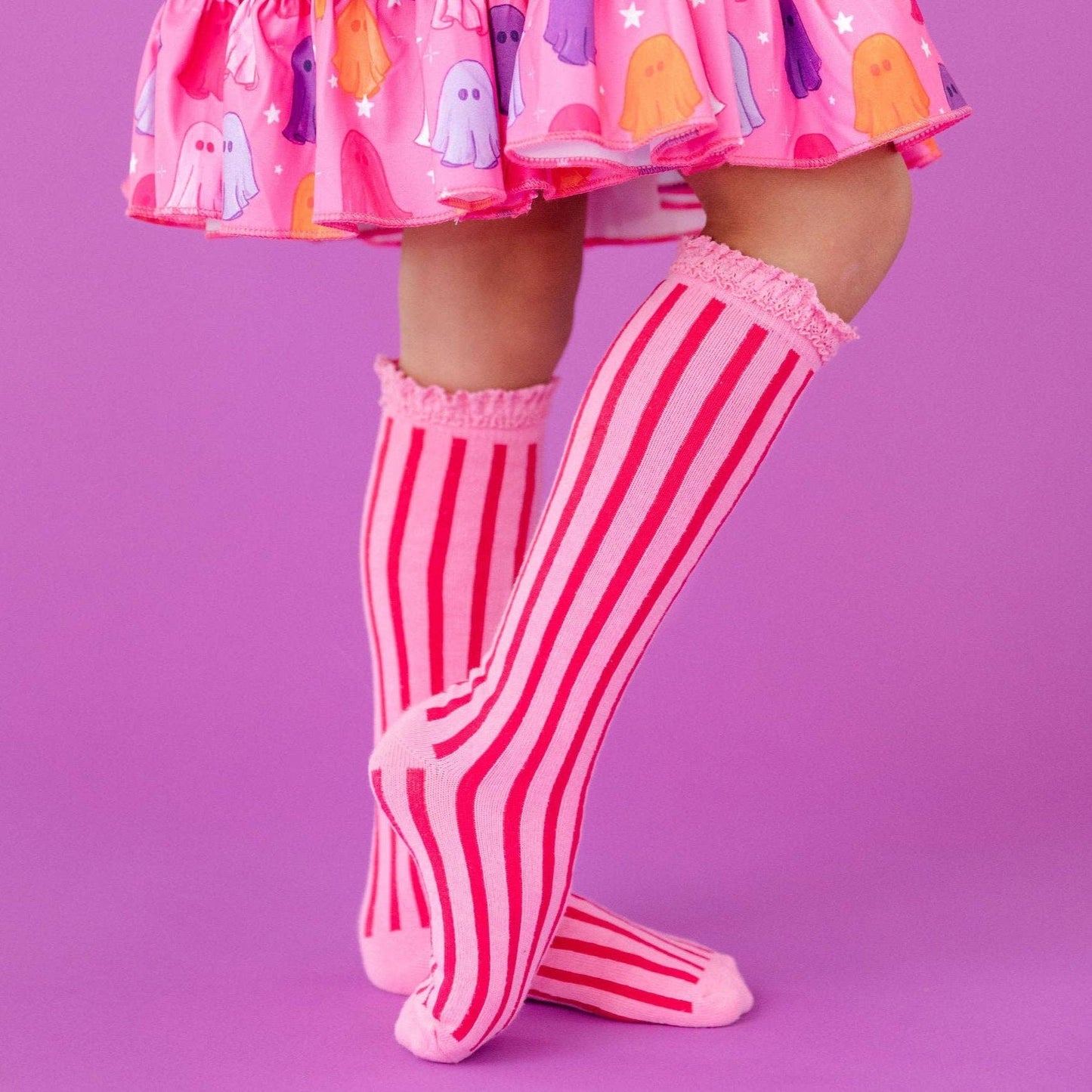 Taffy Pink Vertical Striped Lace Top Knee High Socks