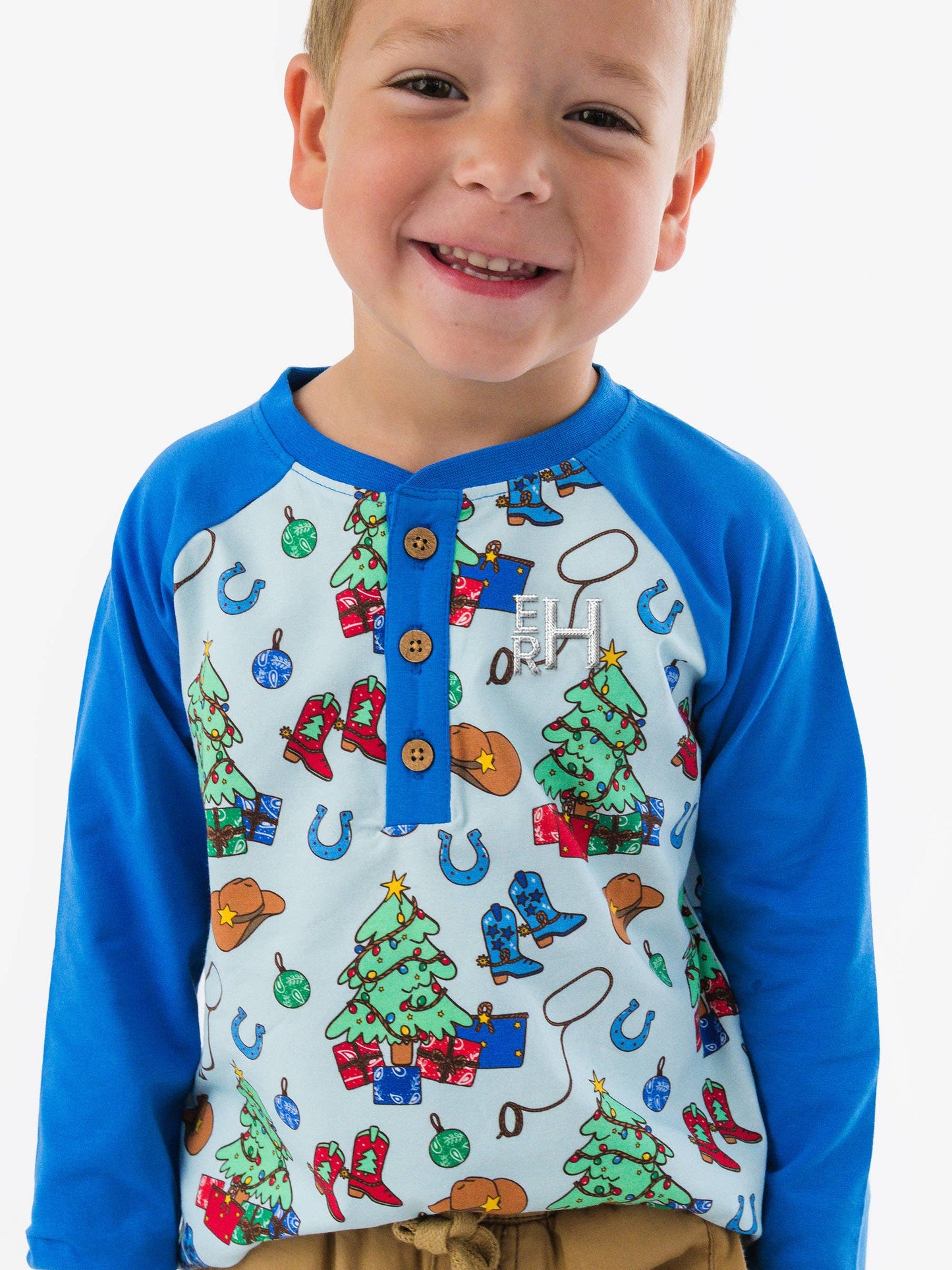 Blue Yuletide Yeehaw Long Sleeve Raglan Henley Tee