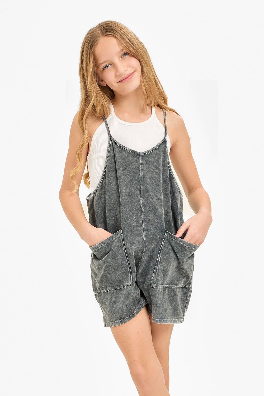 Charcoal Pocket Mineral Wash Overall Romper