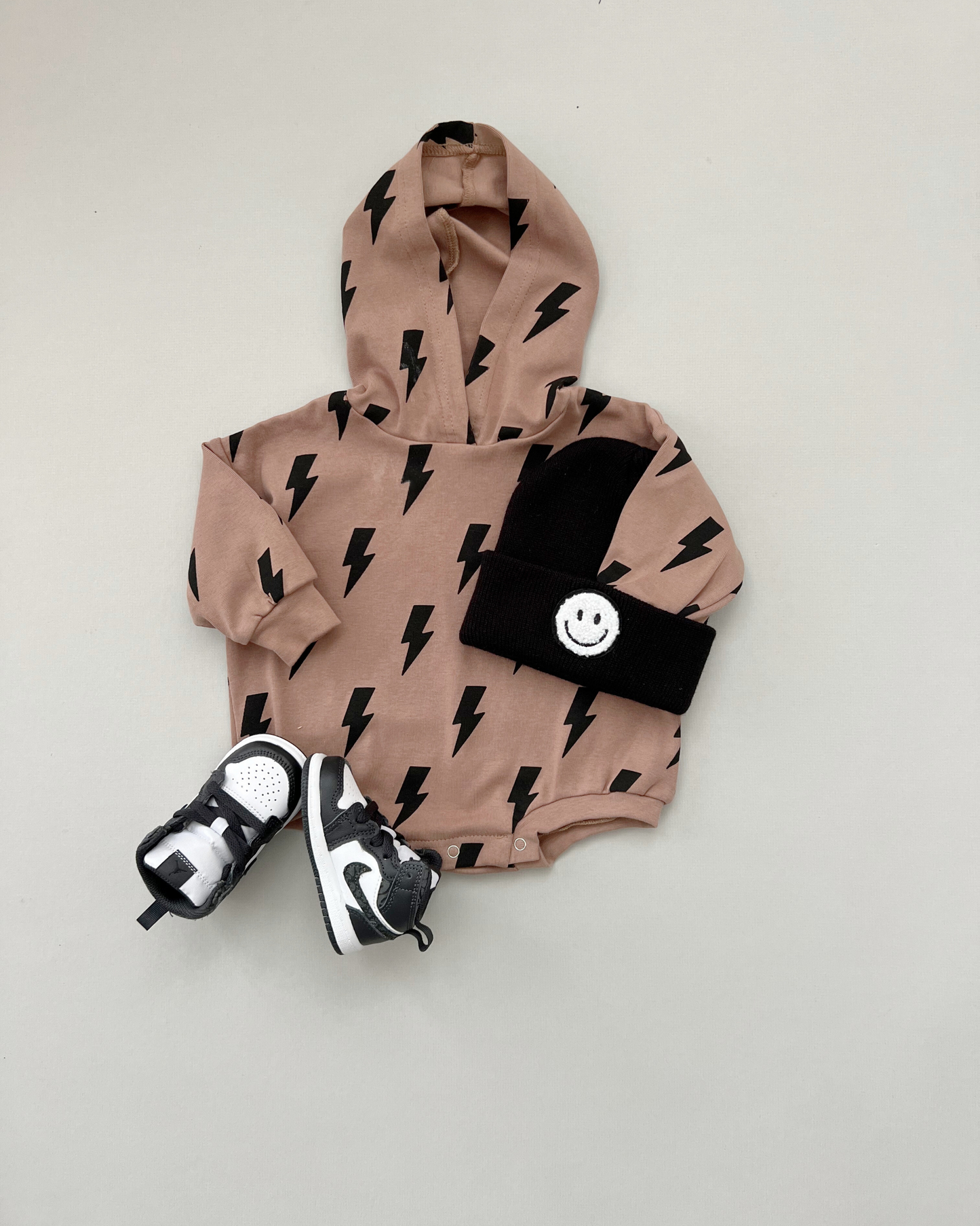 Hooded Bubble Romper | Mocha Bolts: 12-18M