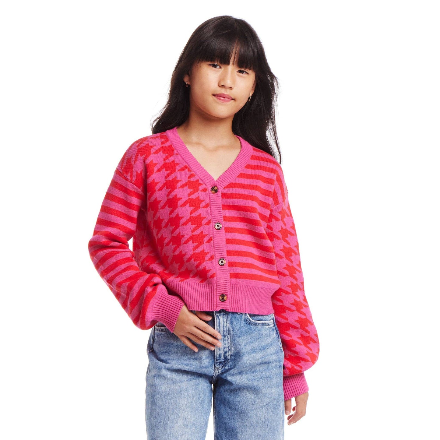 Houndstooth & Striped Cropped Cardigan