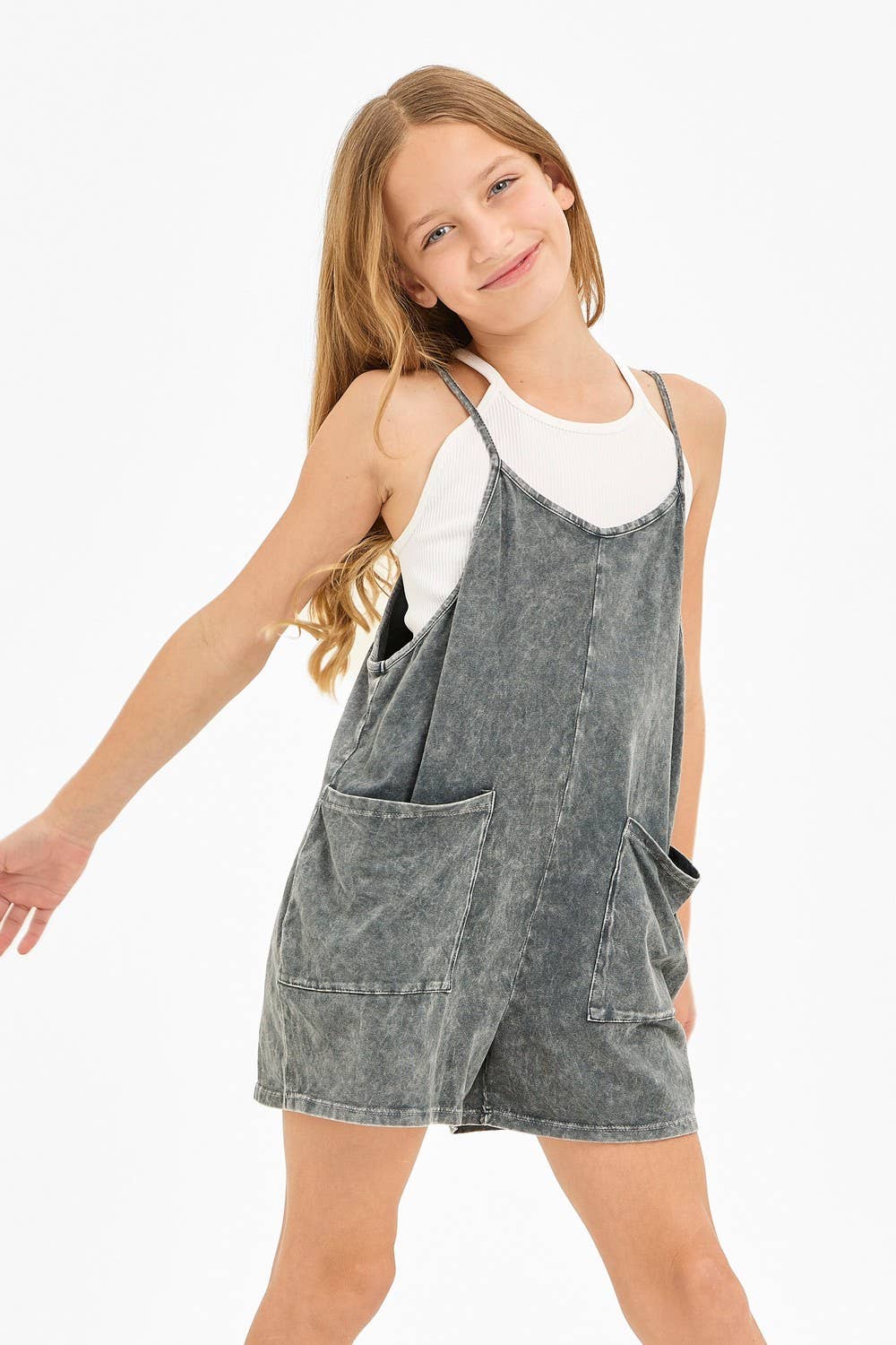 Charcoal Pocket Mineral Wash Overall Romper