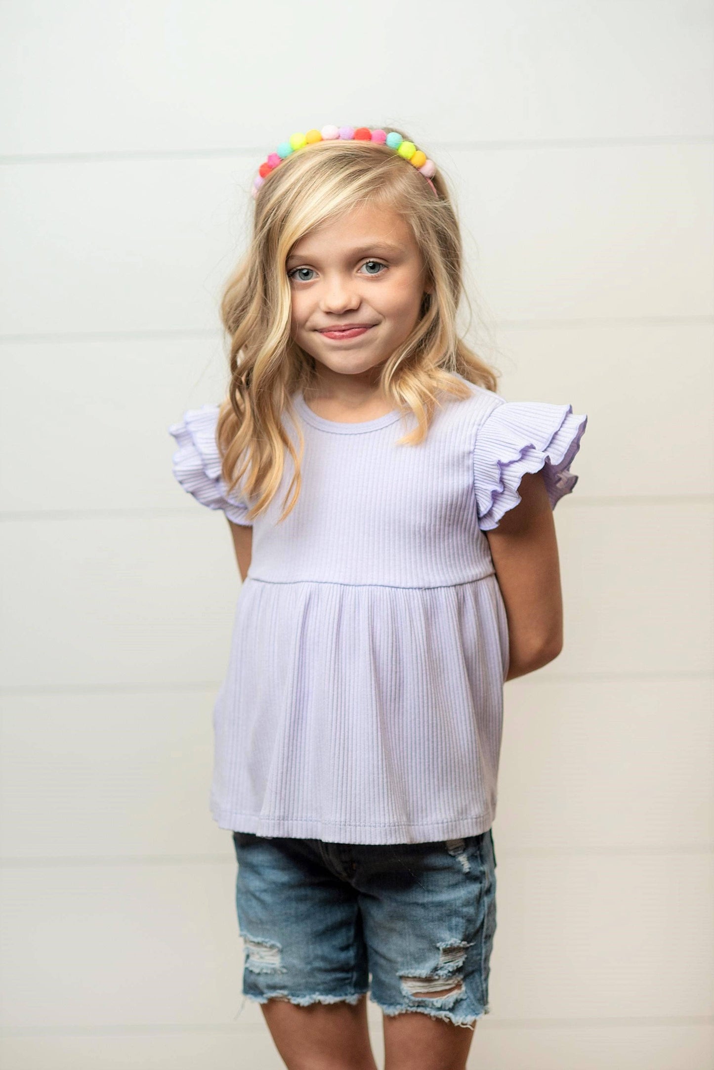 Lavender Double Ruffle Flutter Sleeve Top