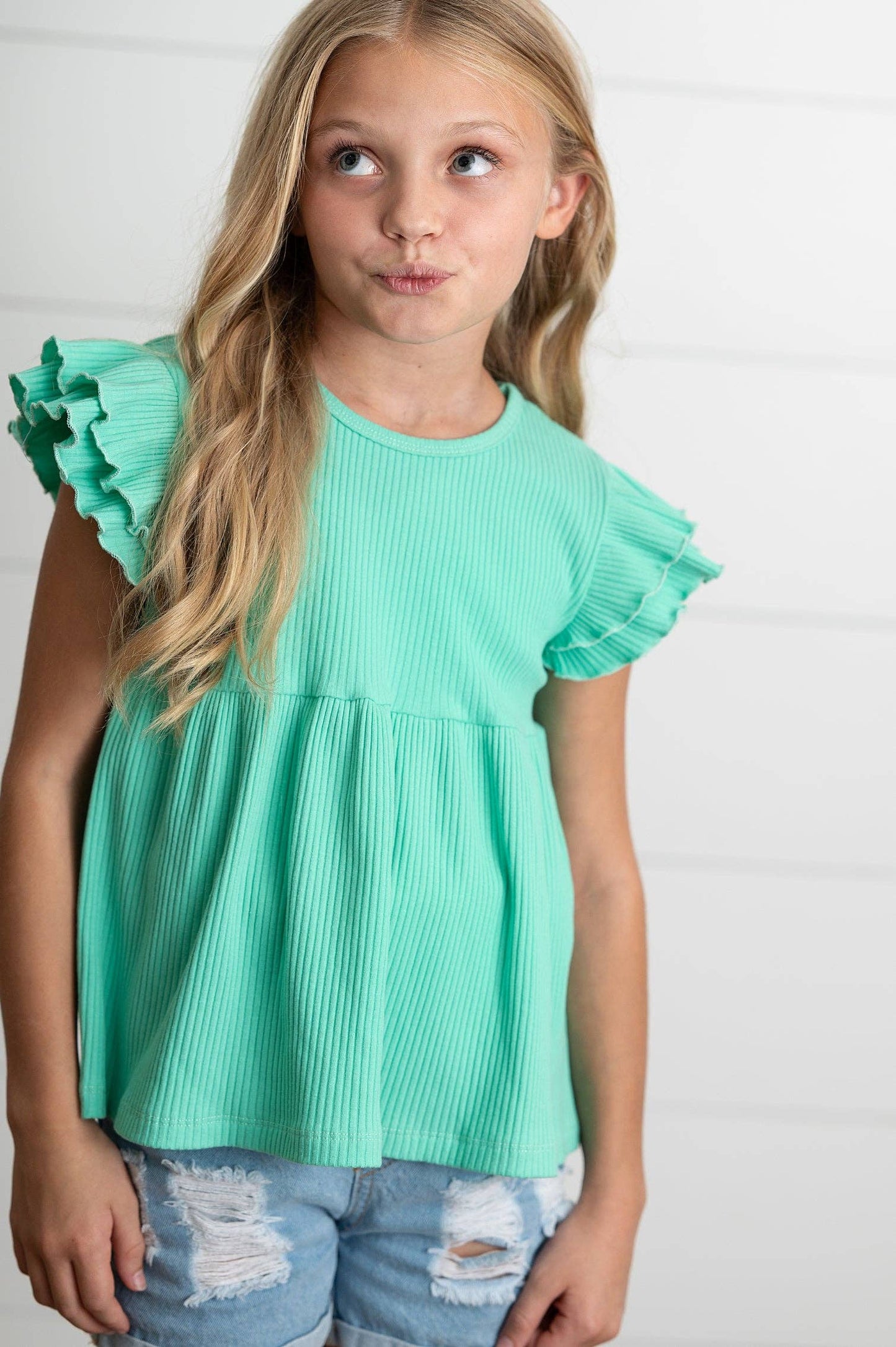 Aqua Double Ruffle Flutter Sleeve Top