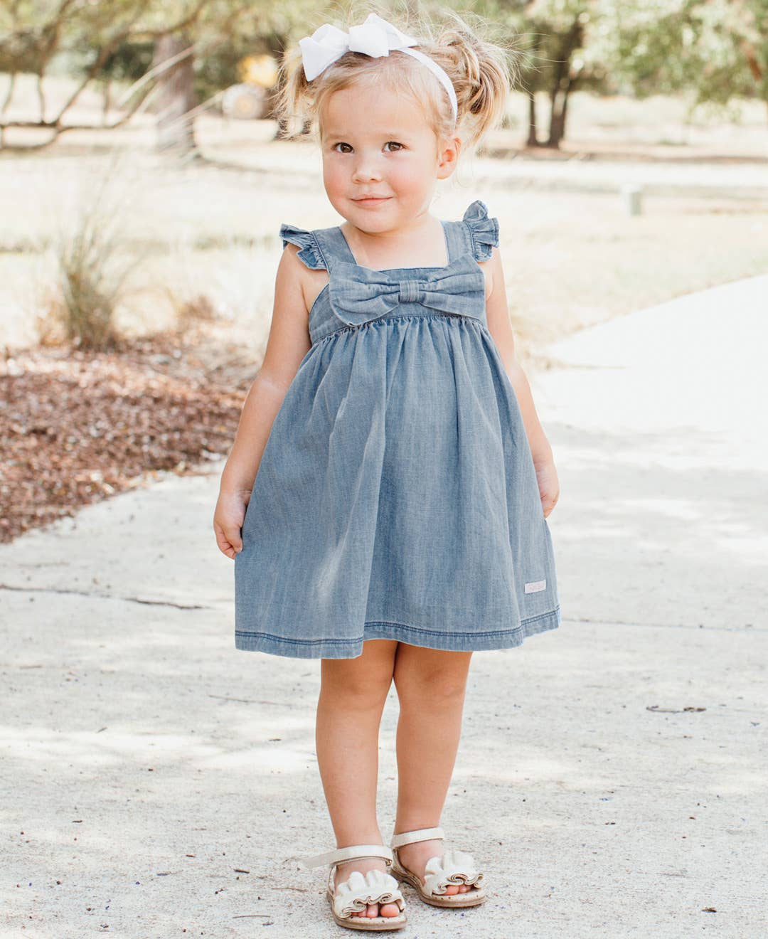 Light Wash Flutter Bow Woven Dress