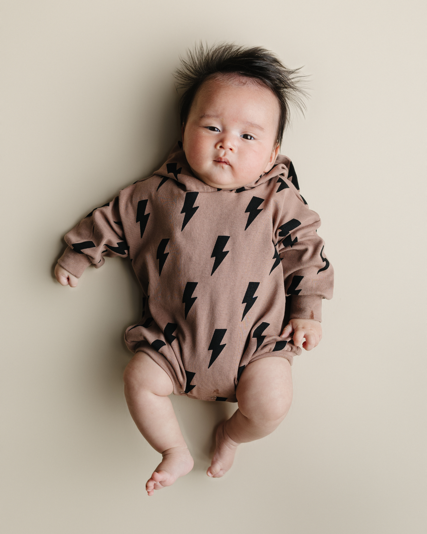 Hooded Bubble Romper | Mocha Bolts: 12-18M