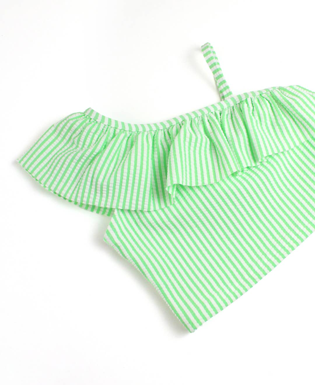 Spring Green Seersucker One Shoulder Ruffle Tankini