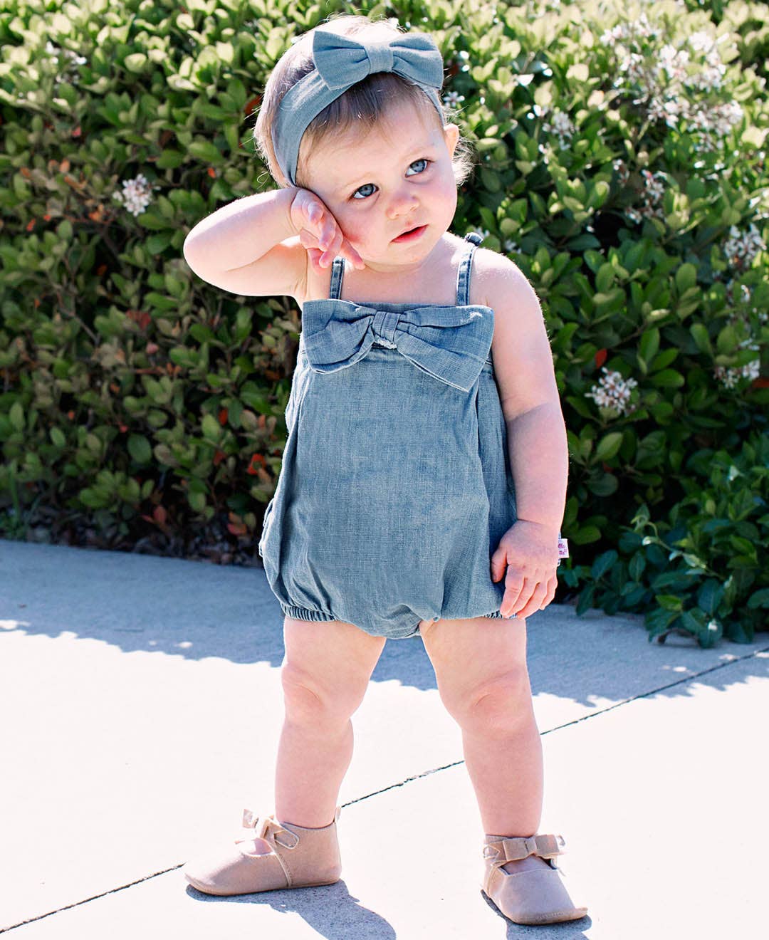 Light Wash Bow Front Bubble Romper