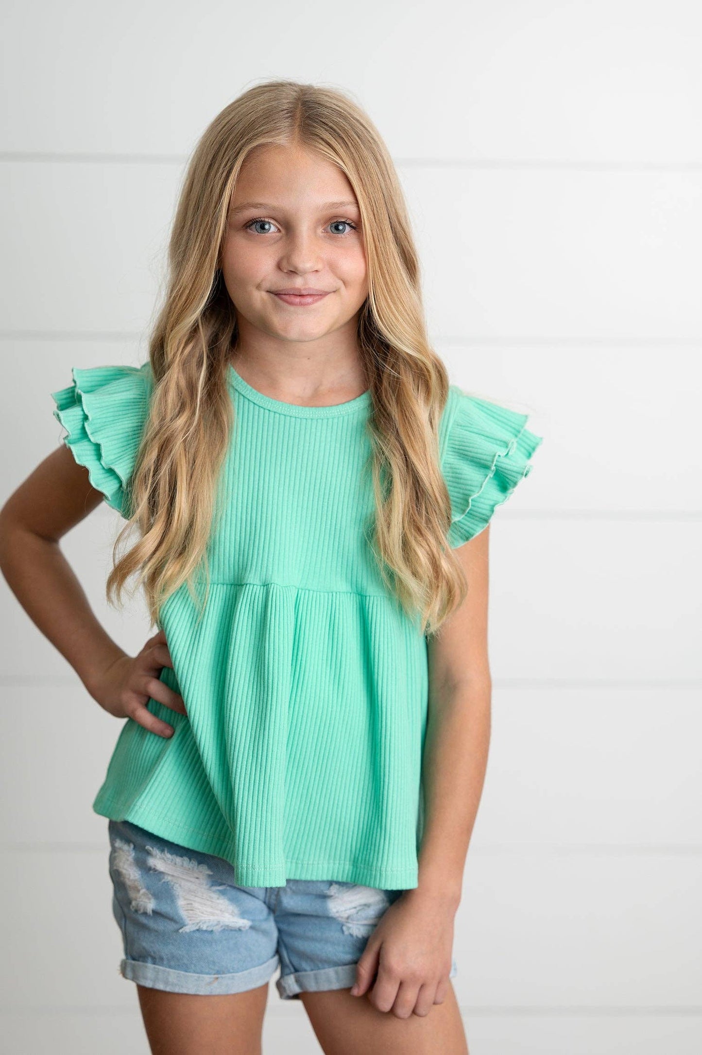 Aqua Double Ruffle Flutter Sleeve Top